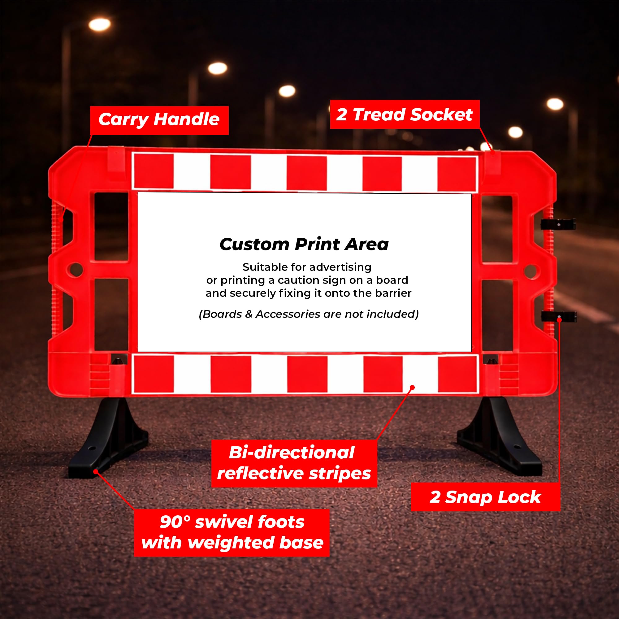 10 barrières de sécurité en plastique – Rouge | Barrière portable de 1,5 m avec douille filetée pour voyant d'avertissement et panneau | Barrière réfléchissante pour la sécurité routière