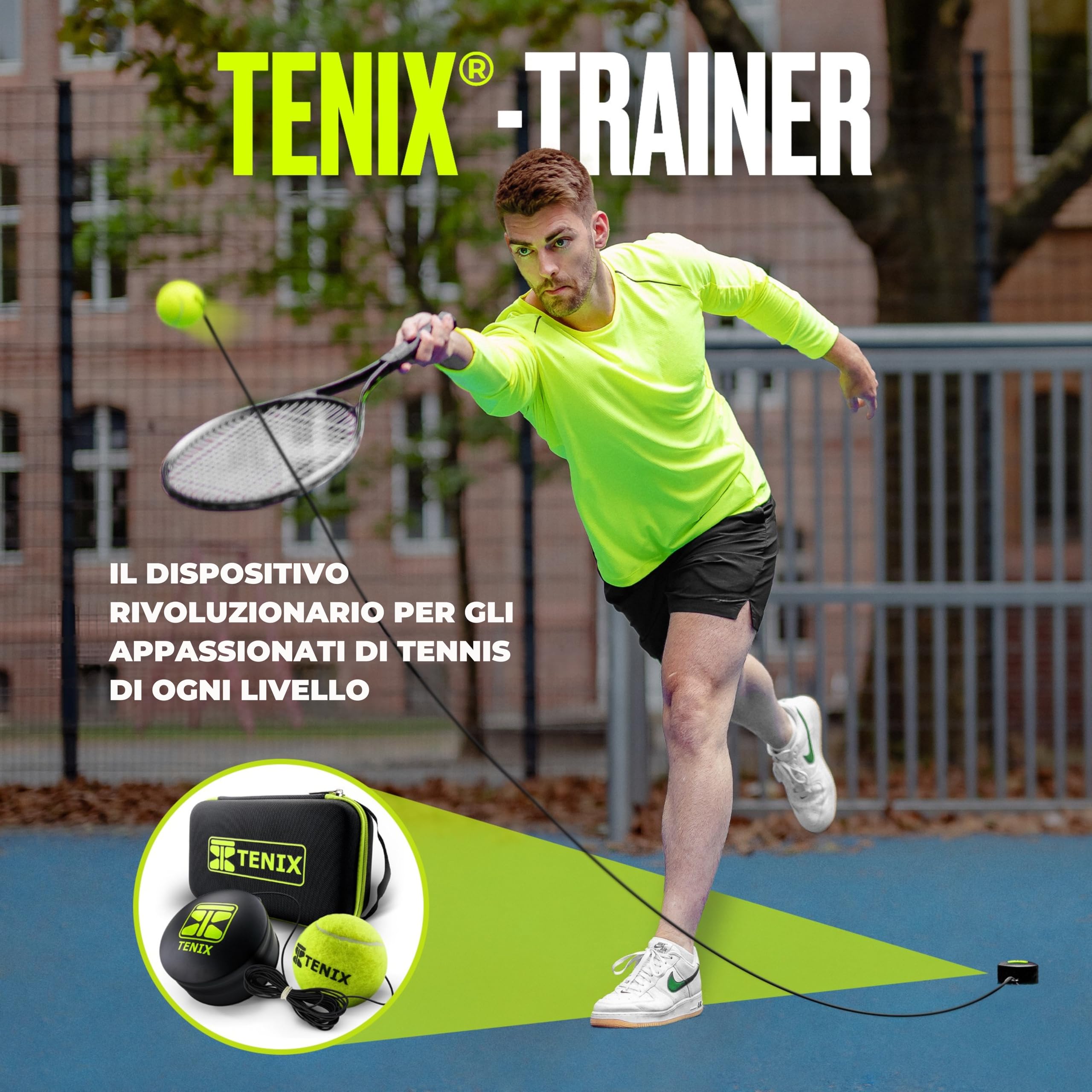 Dettaglio del sistema Power-Grip del TENIX Tennis Trainer, che garantisce stabilità senza riempimento.