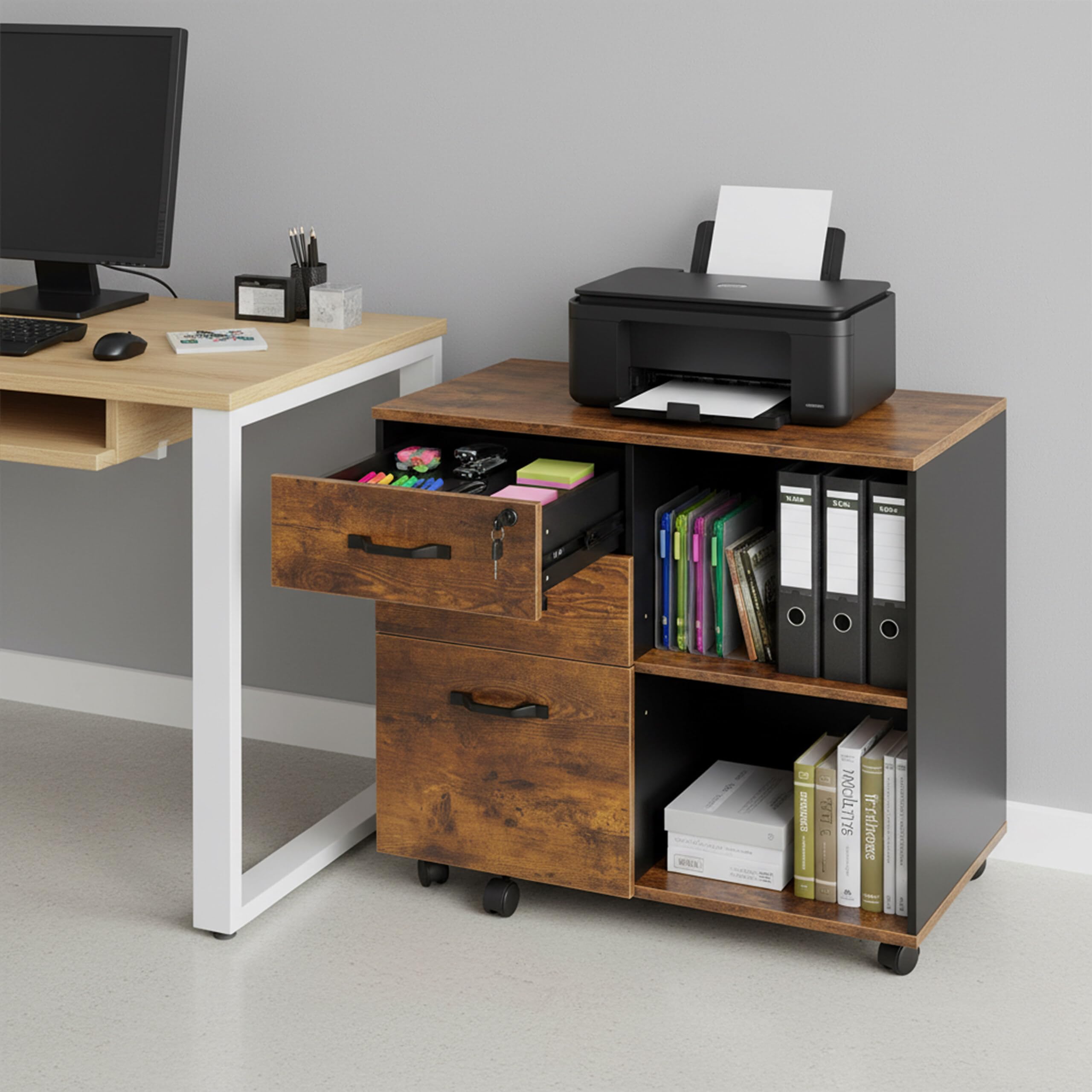 Relaxdays Cassettiera sotto Scrivania da Ufficio, Mobile con Chiave, 3 Cassetti Portadocumenti, 66x80x40 cm, Industriale
