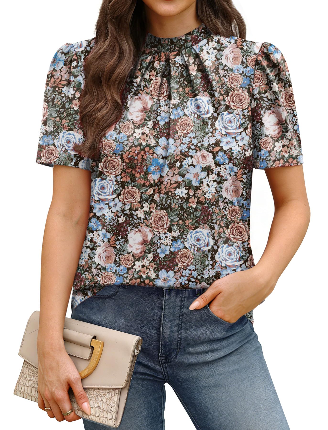 WIHOLL Womens Tops Short Puff Sleeve Shirts Mock Neck Pleated Spring Blouses Dressy Casual Business Casual Summer Outfits — view 17