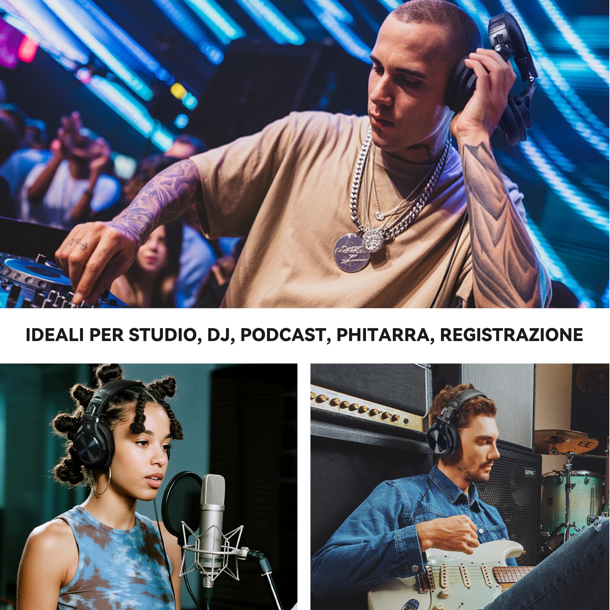 OneOdio A70 Cuffie Bluetooth Over Ear, Cuffie Cablate e Wireless Cuffie Stereo con Microfono, 72 Ore di Riproduzione, CVC 8.0, Jack 3,5 e 6,35 mm, Pieghevole, per DJ, Chitarra, Cellulare, PC, Nero