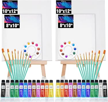 2 Pack Painting Kits for Adults 10x12 and 8x10 Canvas Acrylic Paint Set, Sip and Paint Kit for Adults with Easel, Perfect for Couples Date Nights, Art Beginners, and Painting Practice
