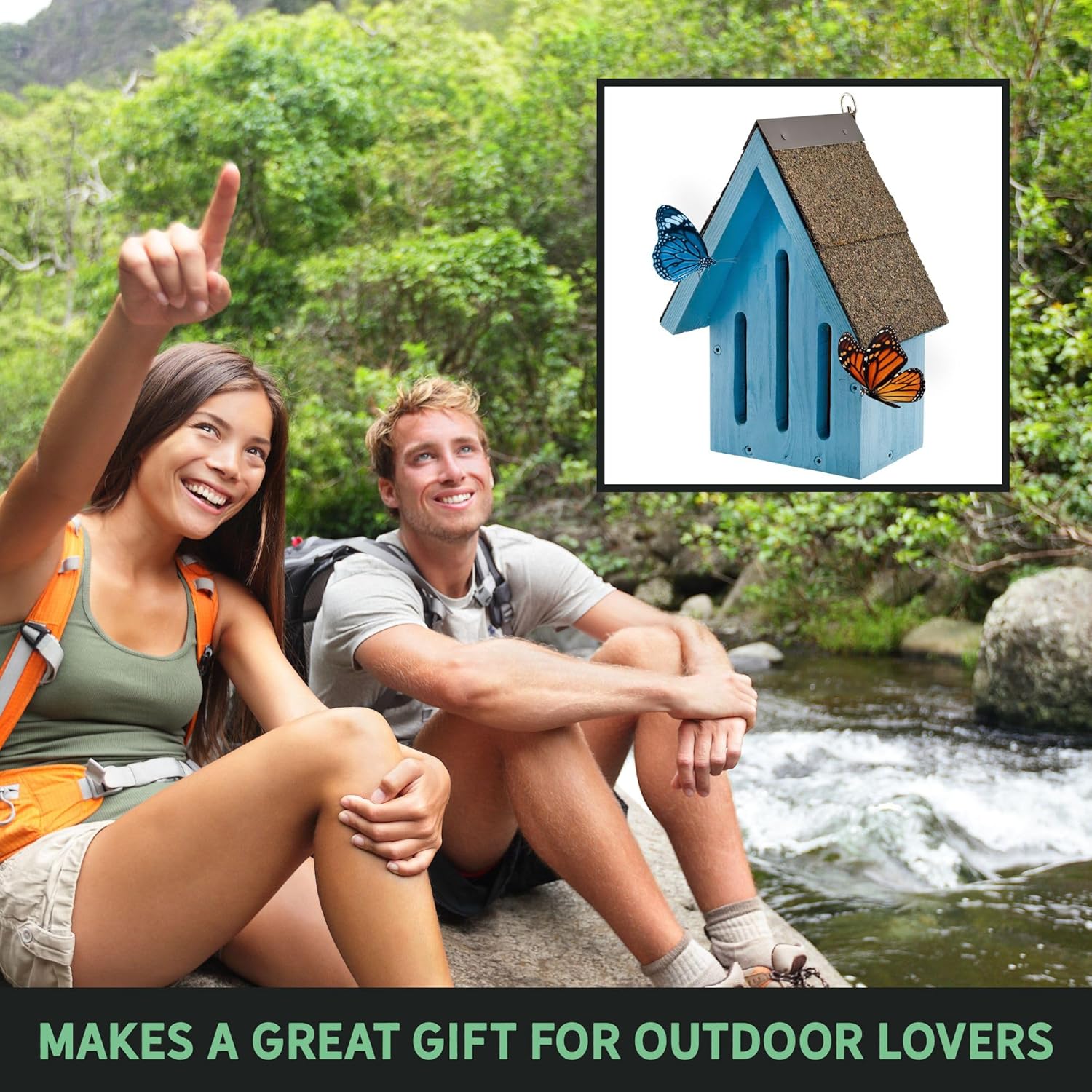 Blue Wood Butterfly House, Handmade Butterfly Habitat and Ideal Pollinator House for Garden Décor, Made in Kentucky