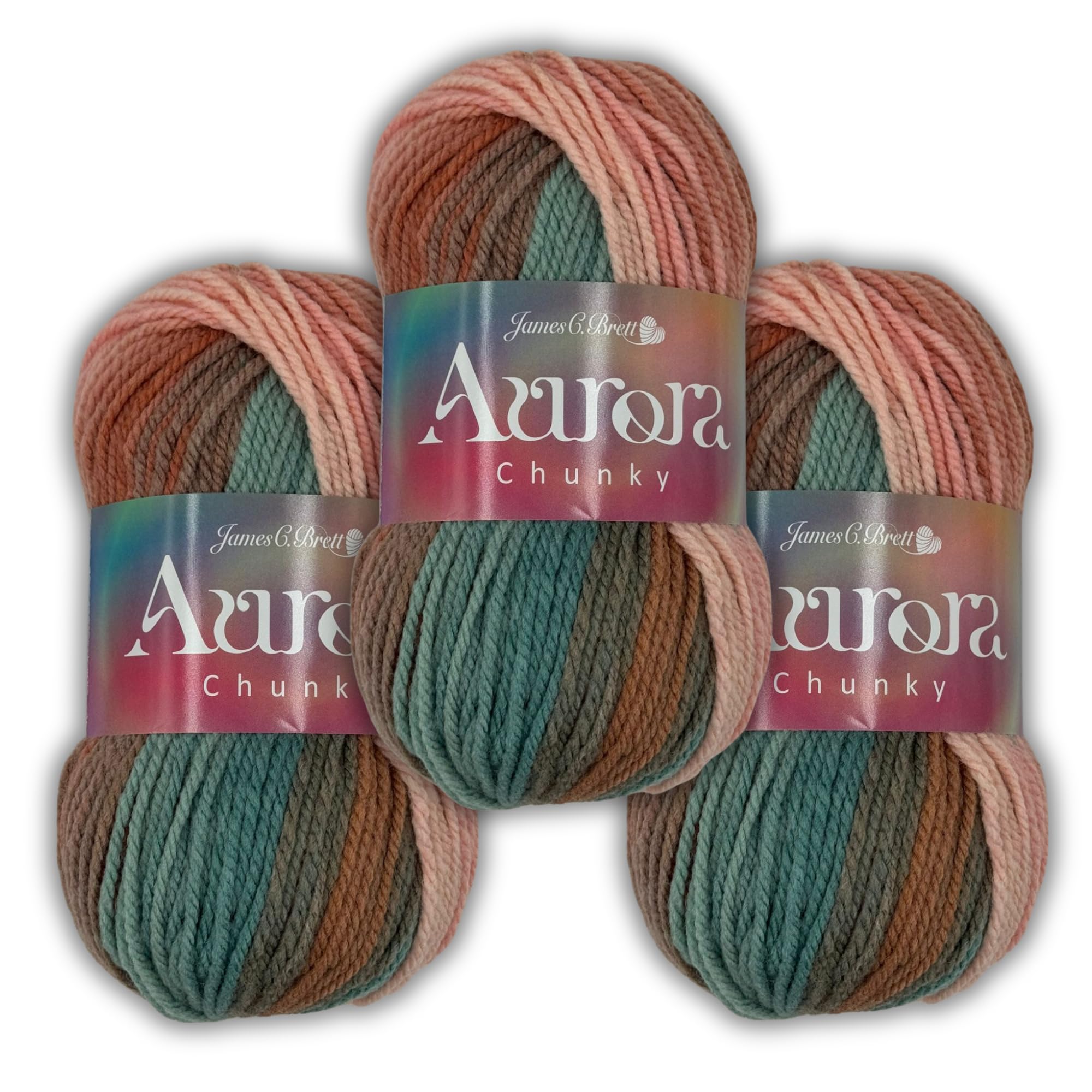 Aurora Chunky 3 x 100g - James C Brett - Soft Wool Blend Multicoloured Ombre Effect Yarn for Knitting and Crochet (Peach Grove - AC03)