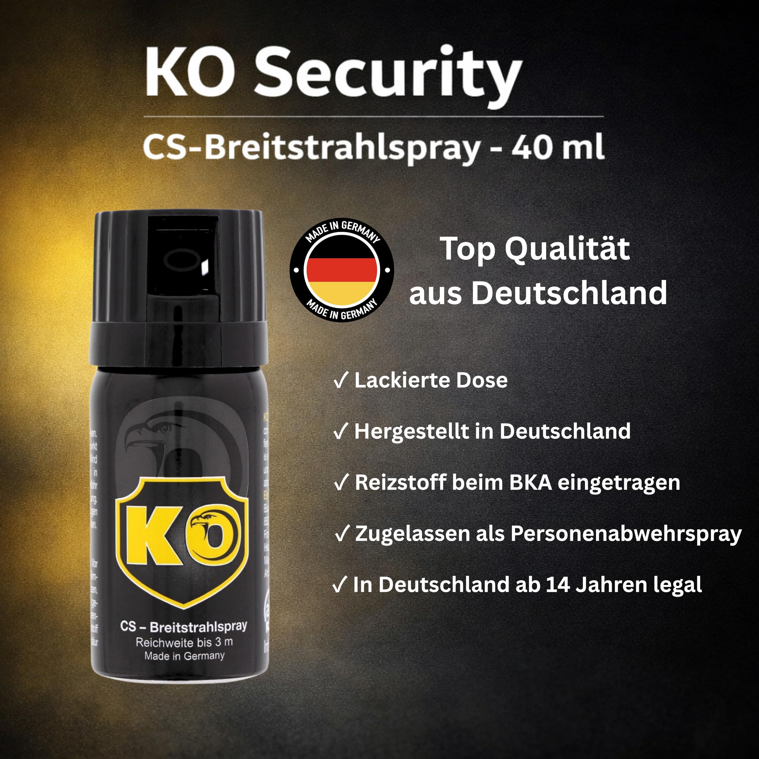 2 Stück KO Security CS-Spray 40 ml – Breitstrahl Personenabwehrspray mit BKA-Zulassung - modernes Design - kompakt und diskret
