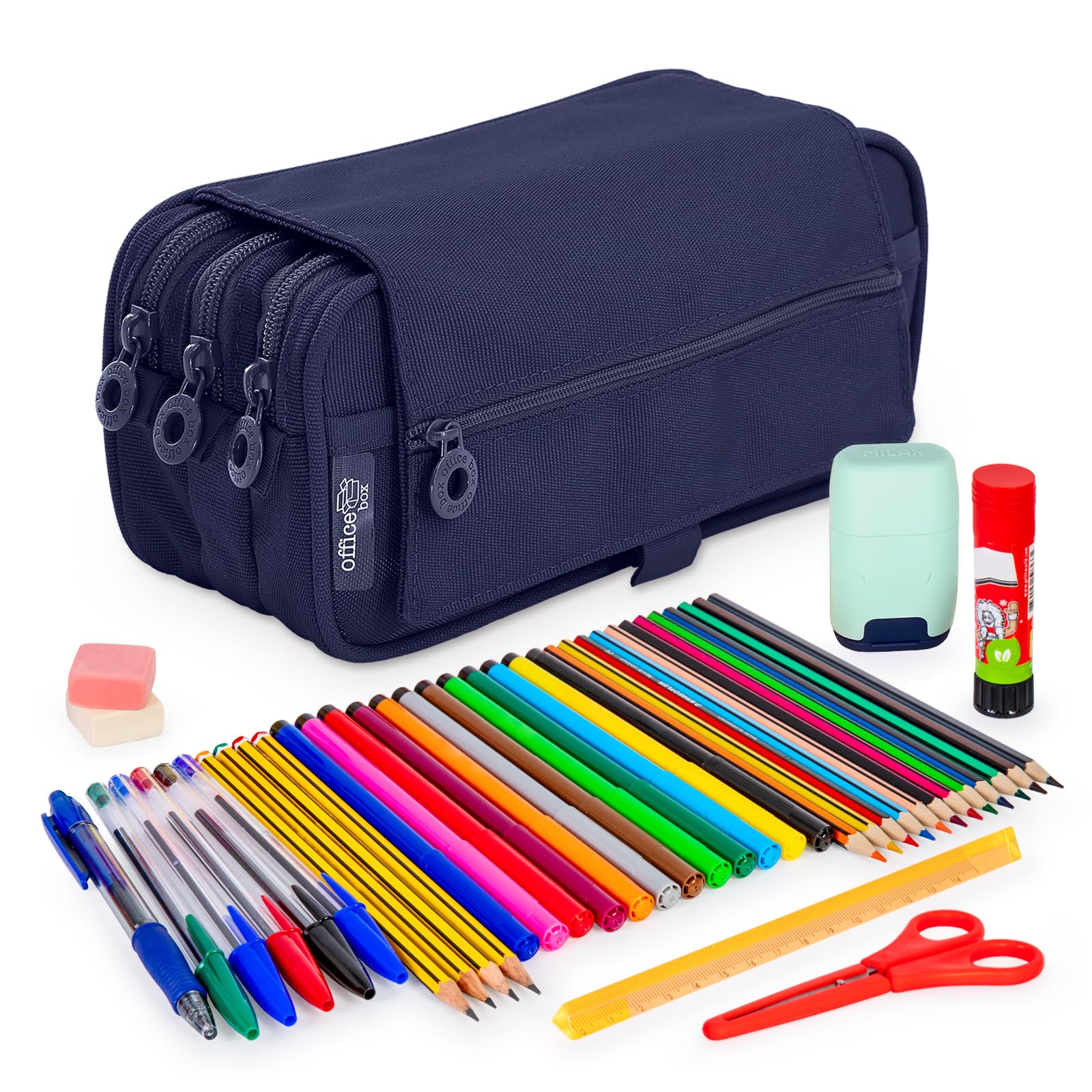 ColePack - Lote de Estuche Portatodo Triple con 3 Cremalleras y Material Escolar de Primeras Marcas Incluido (Azul Marino)