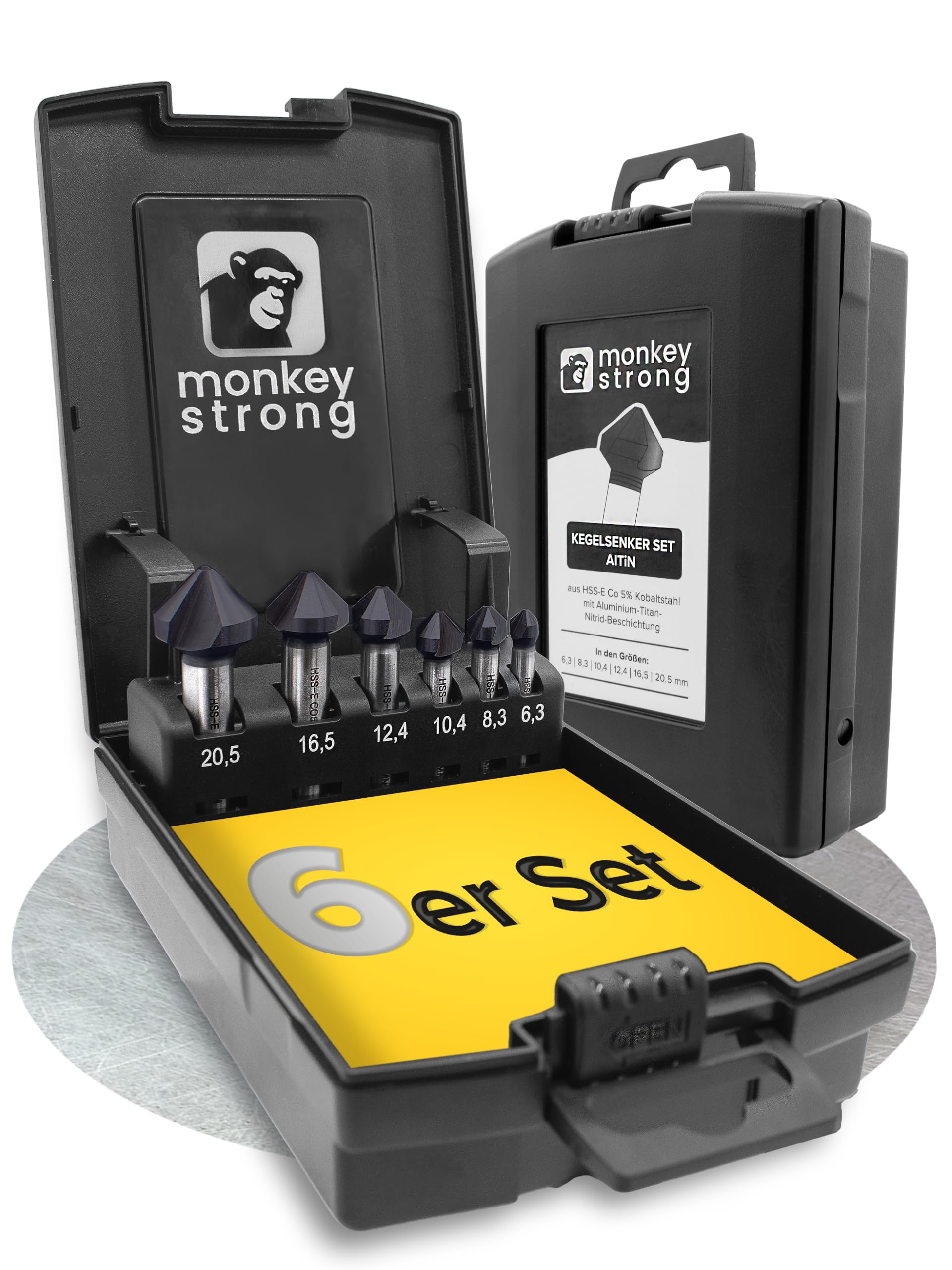 monkeystrong Kegelsenker Set Metall & Edelstahl HSS-E AlTiN 90° 6,3-20,5mm | Industriequalität, AlTiN bis 900°C, HSS-E Co5 Kobaltstahl, extra scharfer V-Schliff, Edelstahl, VA, Stahl, Alu, Kupfer