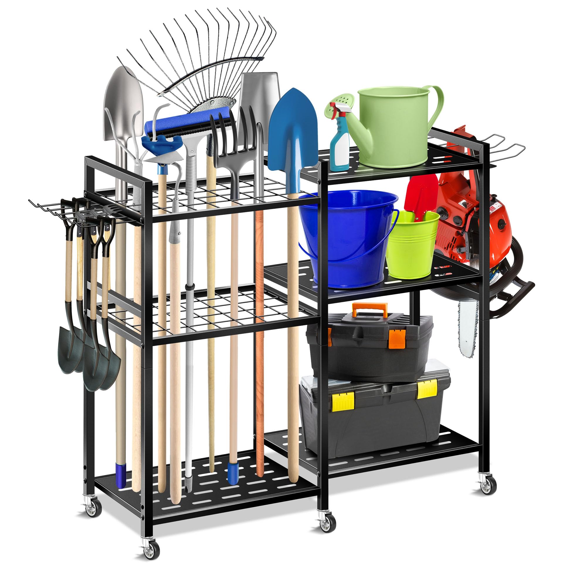 Mimoke Garten Werkzeugregal Metall – Schwerlast Aufbewahrungsregal mit 6 Rollen, Stabiler Werkzeugständer für Garten, Garage, Keller & Werkstatt, robuster Lagerregal für Gartengeräte & Werkzeuge