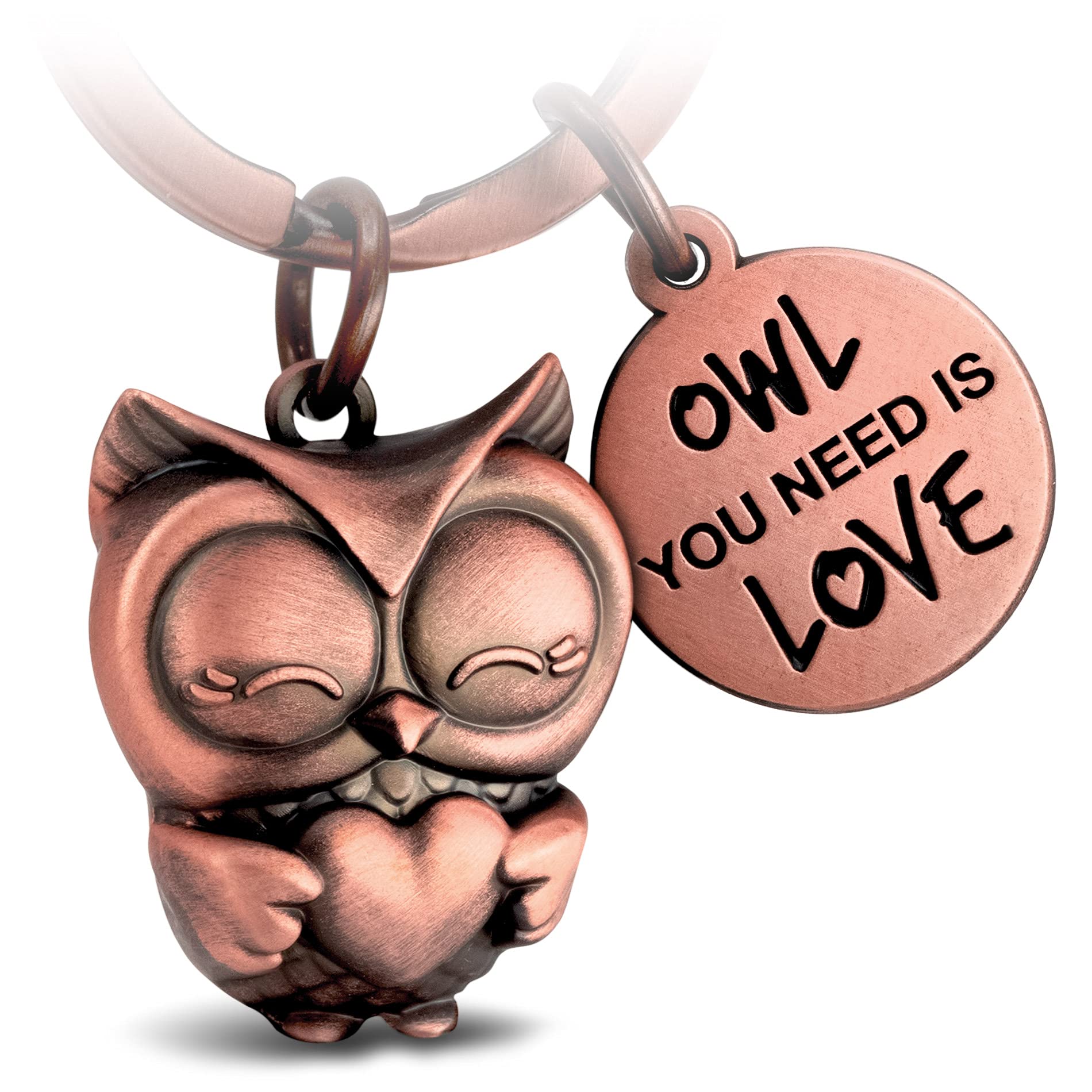 Fabach Women's Antique Rose Gold. Owl Keyring Owly With Heart And Engraving - Cute Owl Keyring - Friendship And Love Lucky Charm Made Of Metal For - Owl You Need Is Love, Standard Size, Classic