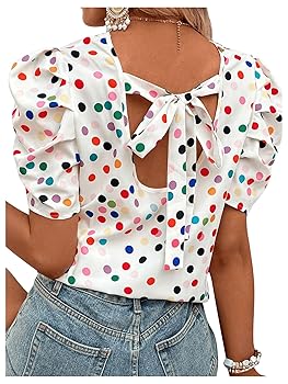 Floerns Women's Polka Dots Print Tie Back Short Puff Sleeve