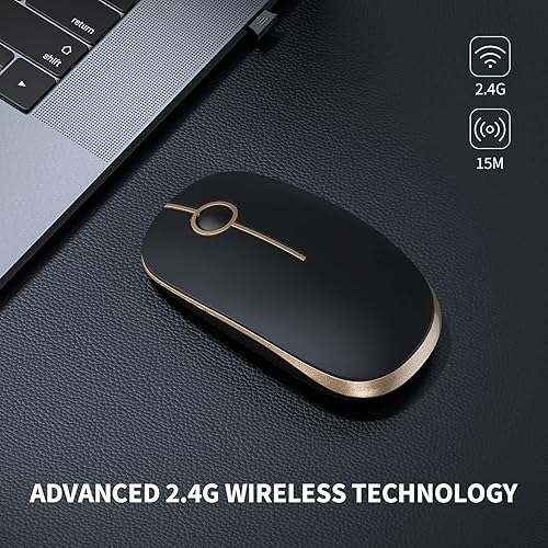 Miniatura 2 de VssoPlor Ratón inalámbrico, 2.4G Slim Portable Computer Ratones con Nano Receptor para Notebook, PC, Laptop, Computadora (negro y dorado) (negro y