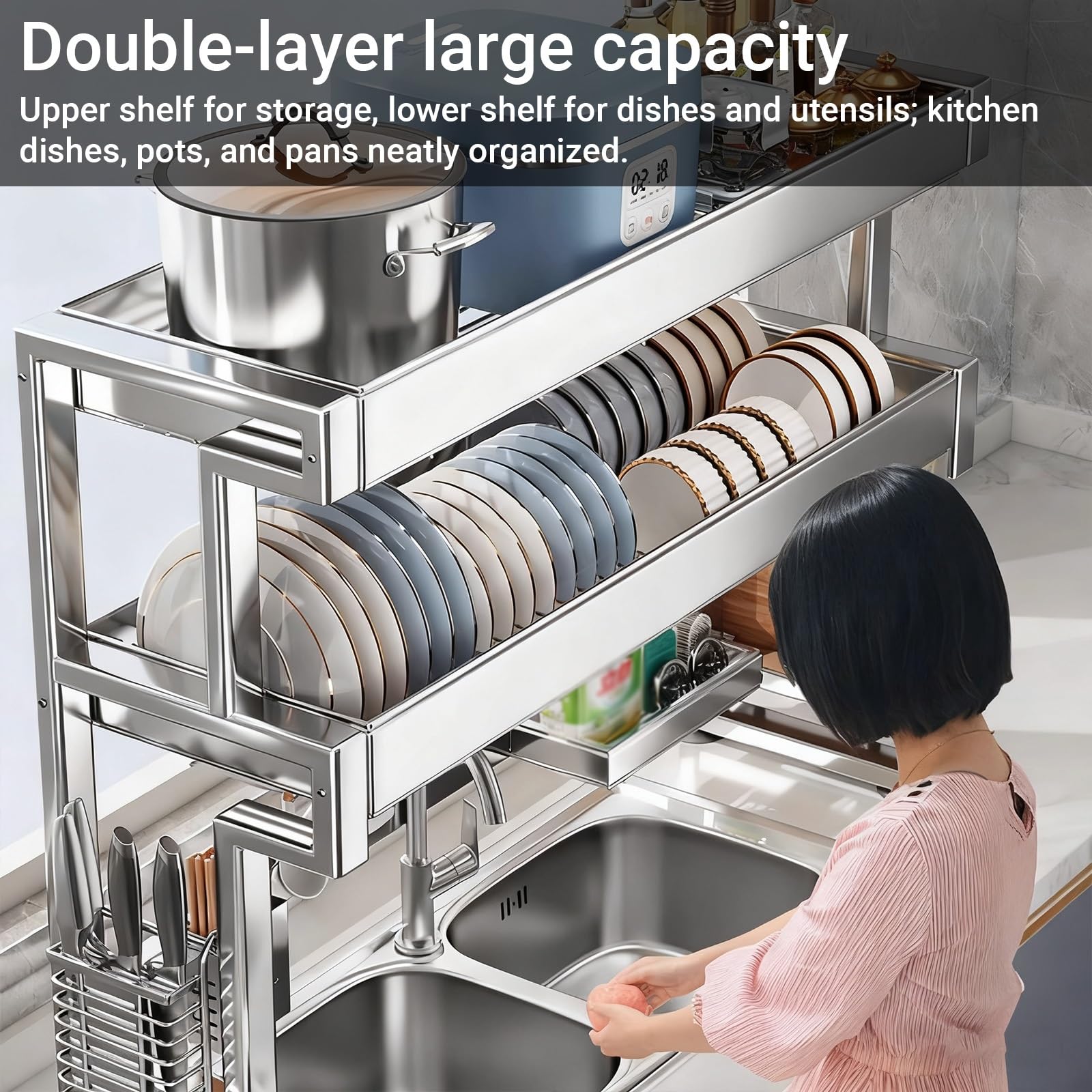 Escurridor de platos de acero inoxidable 304 de 2 niveles, organizador de almacenamiento de cocina para platos, vasos, cuencos y cubiertos