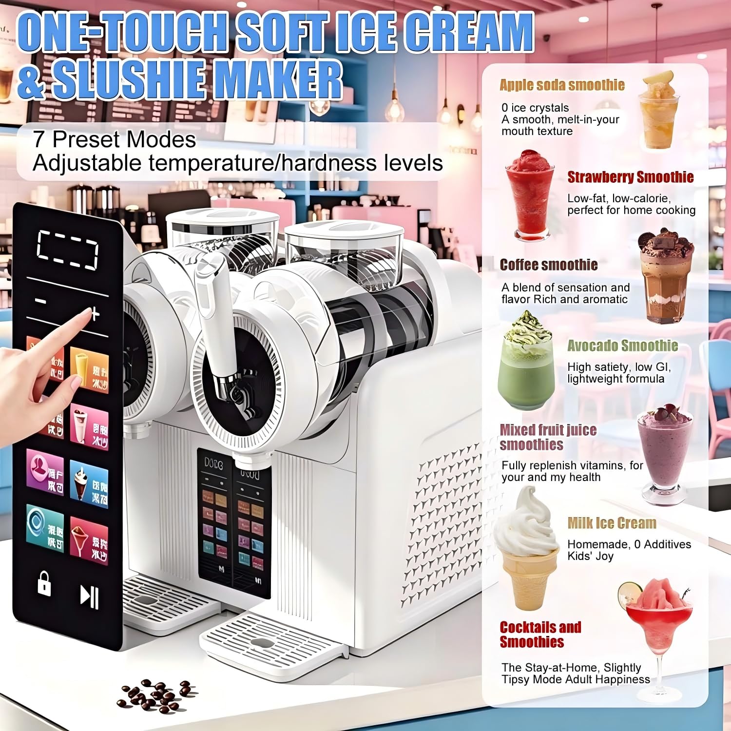 Máquina De Granizados, 2 L*, Máquina De Granizados De Doble Ranura para Uso Comercial Y Fiestas, 7 Programas Preestablecidos, Máquina para Bebidas Frías con Autolimpieza Y Pantalla LED Black