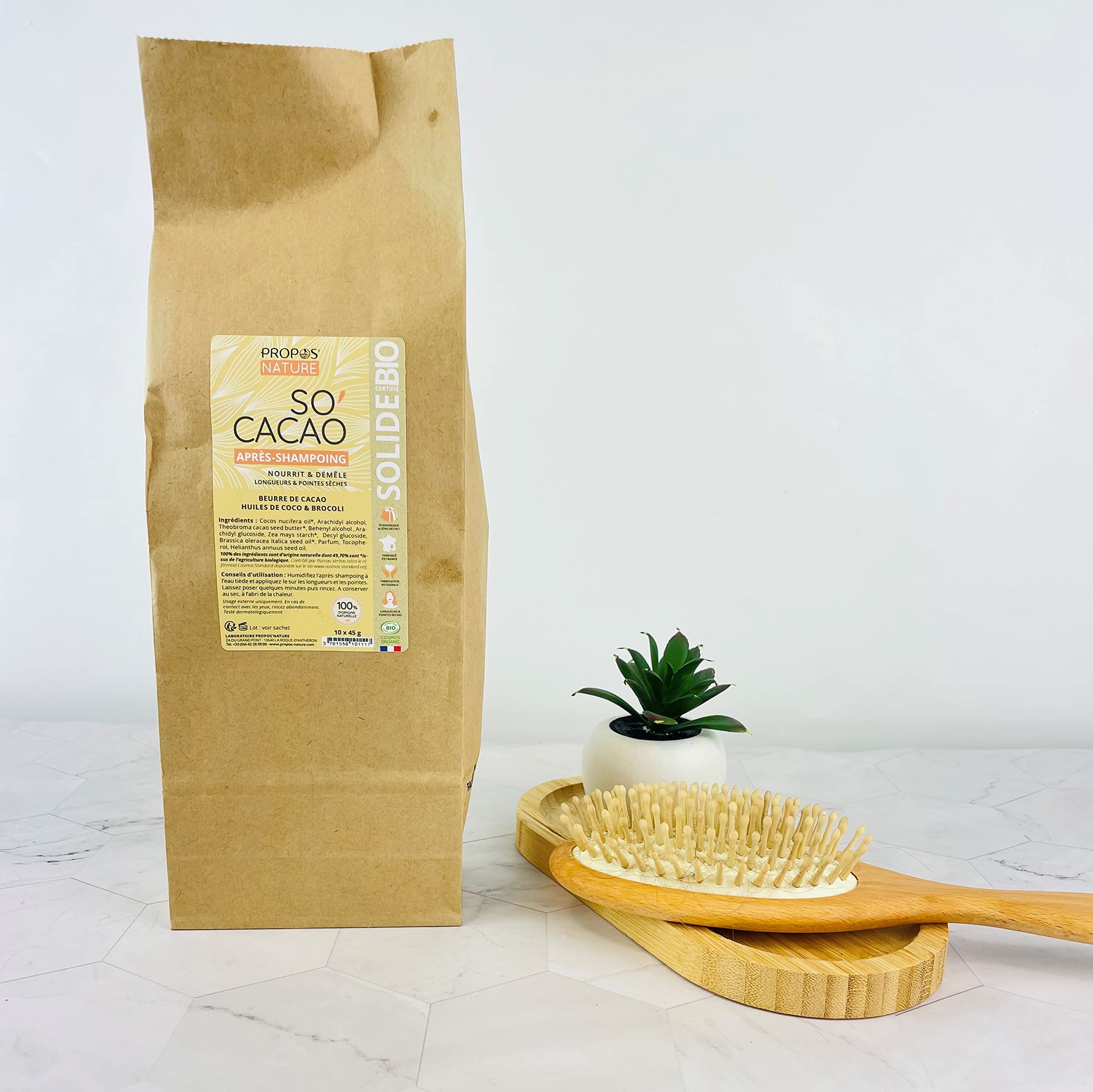 Lot de 10 après-Shampoing solide Bio So'Cacao - Au beurre de Cacao - 45g- Fabriqué en France - En vrac - Sans étuis Propos'Nature