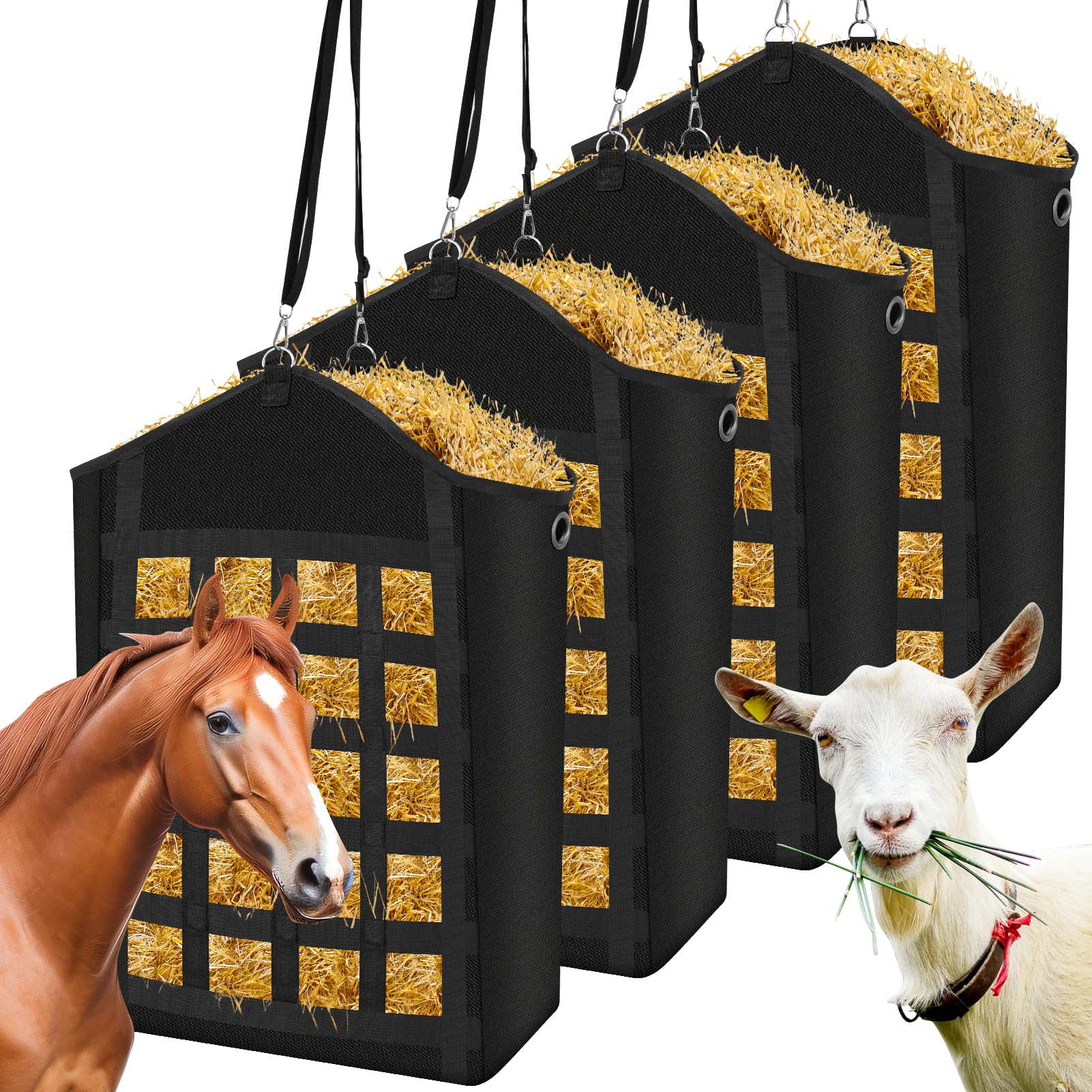 Hay Bags for Horses, 4pcs Slow Feed Hay Bags for Horses, Goats, Sheep, Donkey, Premium Oxford Hay Feed Bags with Front Hay Nets Design, Easy to Fill and Hang with Large Opening for Easy Filling