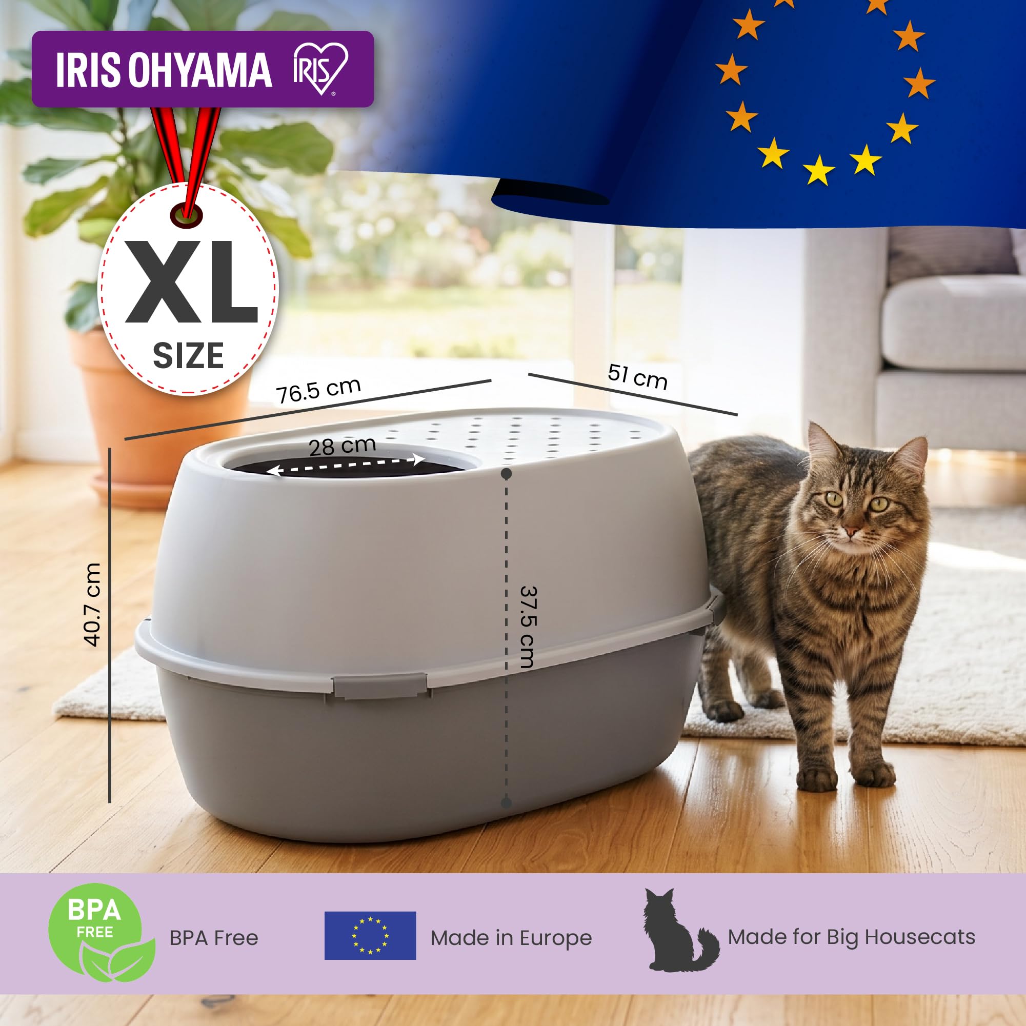 Iris Ohyama, Arenero XL para Gato, Bandeja de Arena XXL para Gato, Gris, Caja de Arena, Apertura Superior, Fácil de Limpiar, para Gato Adulto Grande, Dos Gatos, Maine Coon, sin BPA - Punt-XL