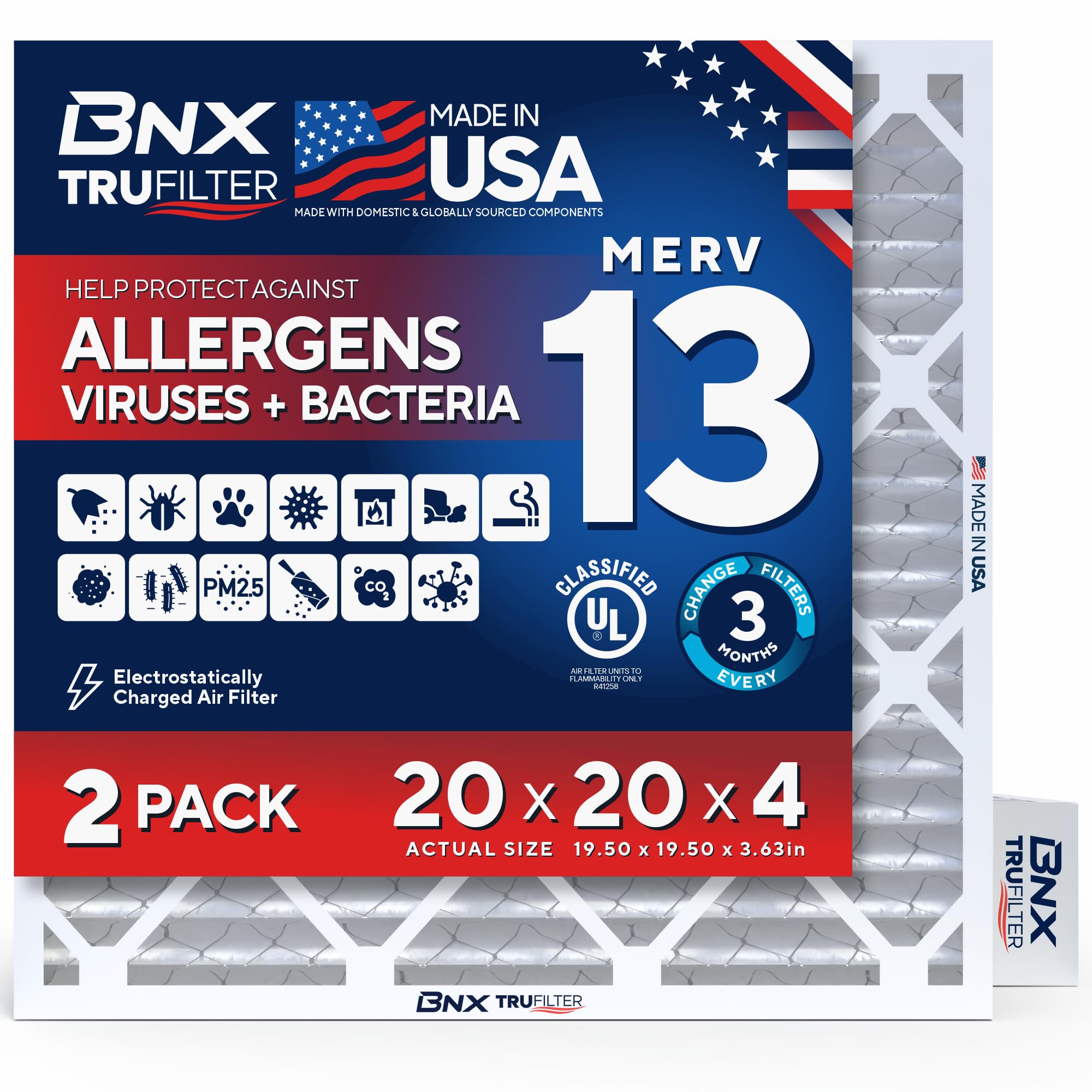BNX TruFilter 20x20x4 (19.5’’ x 19.5’’ x 3.63‘’ Slim Fit) MERV 13 Air Filter (2-Pack) - MADE IN USA - Air Conditioner HVAC AC Furnace Filters Health, Allergies, Mold, Bacteria, Smoke, MPR 1900 FPR 10