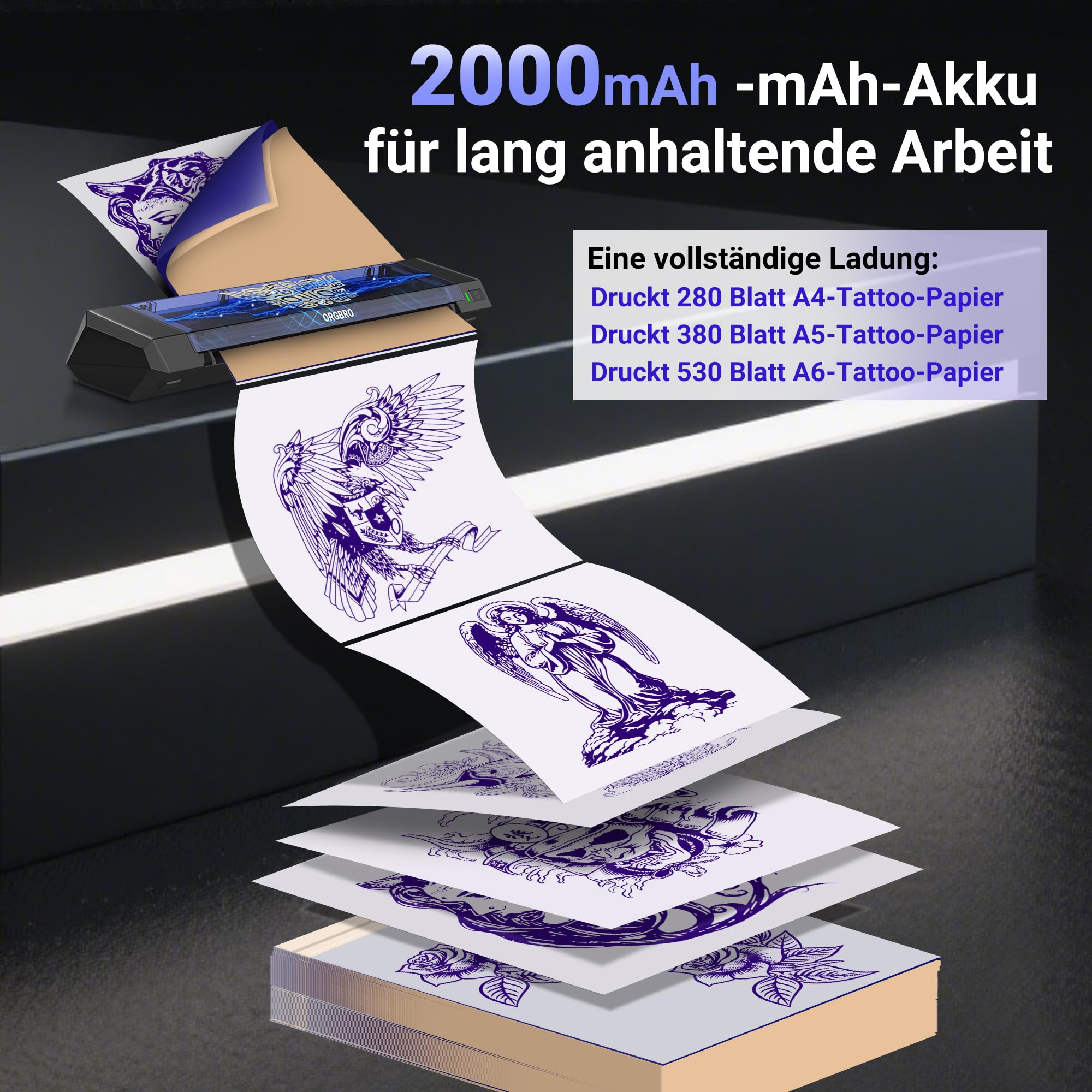 ORGBRO X8 Tattoo Drucker, Bluetooth Tattoo Stencil Drucker mit 30 Stück Transferpapier, Thermodrucker Tattoo Maschine für professionelle Künstler und Anfänger, kompatibel mit Smartphone/Tablet/PC