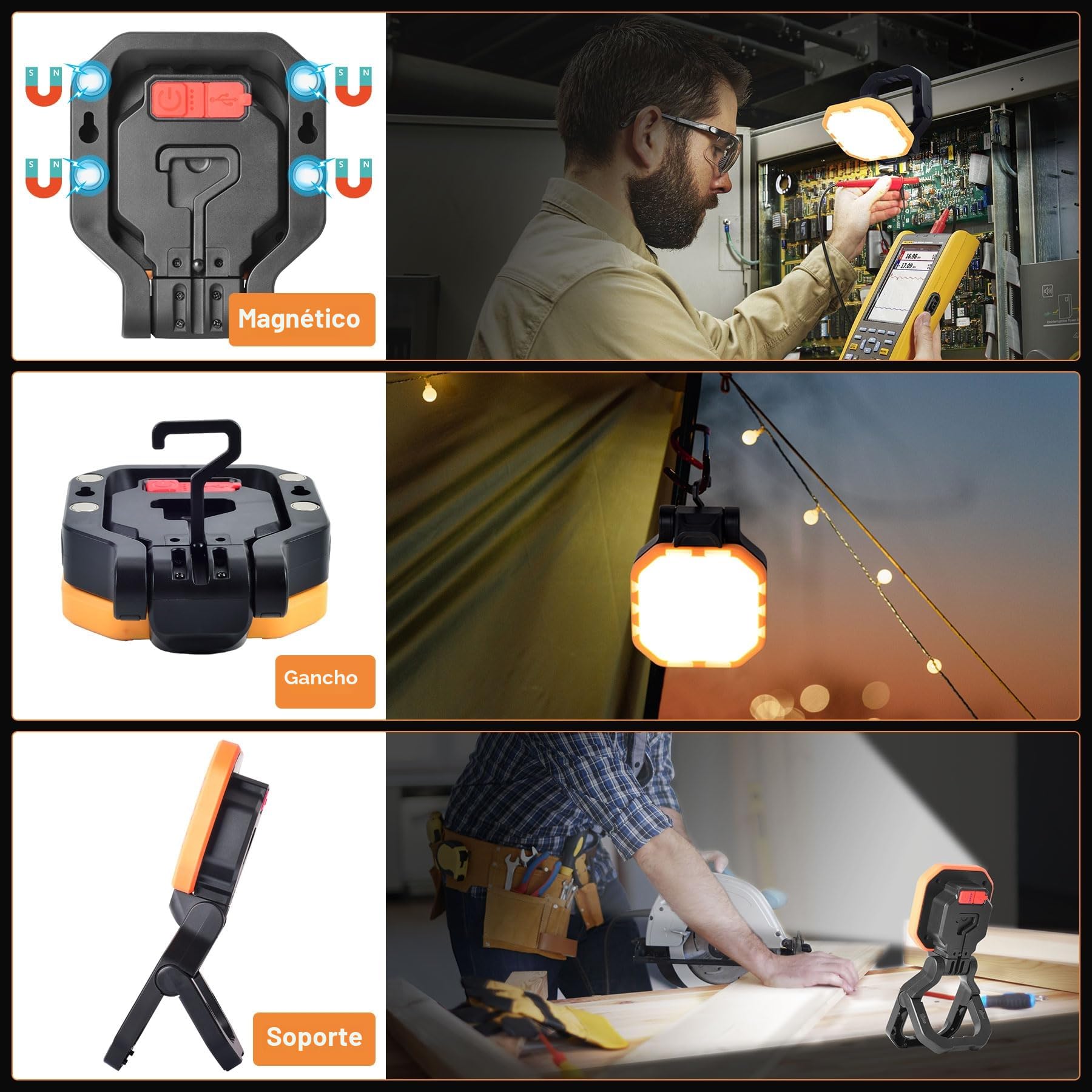 Foco LED Recargable (2pcs), 2500LM, 6000mAh, Base Magnética | 30W, 4 Modos, Rotación de 360°, Salida USB, Luz Roja, Ligero & Portátil para Camping, Construcción, Emergencia, Garaje