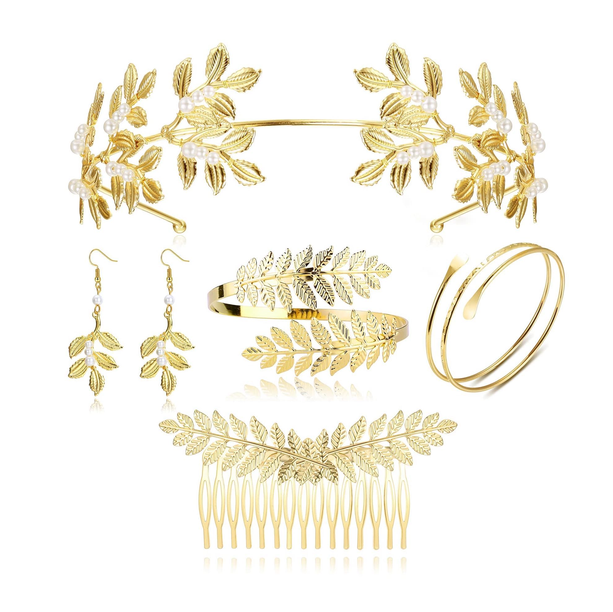 CASSIECA 4/5 Pieces Greek Goddess Costume Women Greek Goddess Accessories for Women Crown Headband Laurel Leaf Gold Greek Goddess Jewellery Party Jewelry