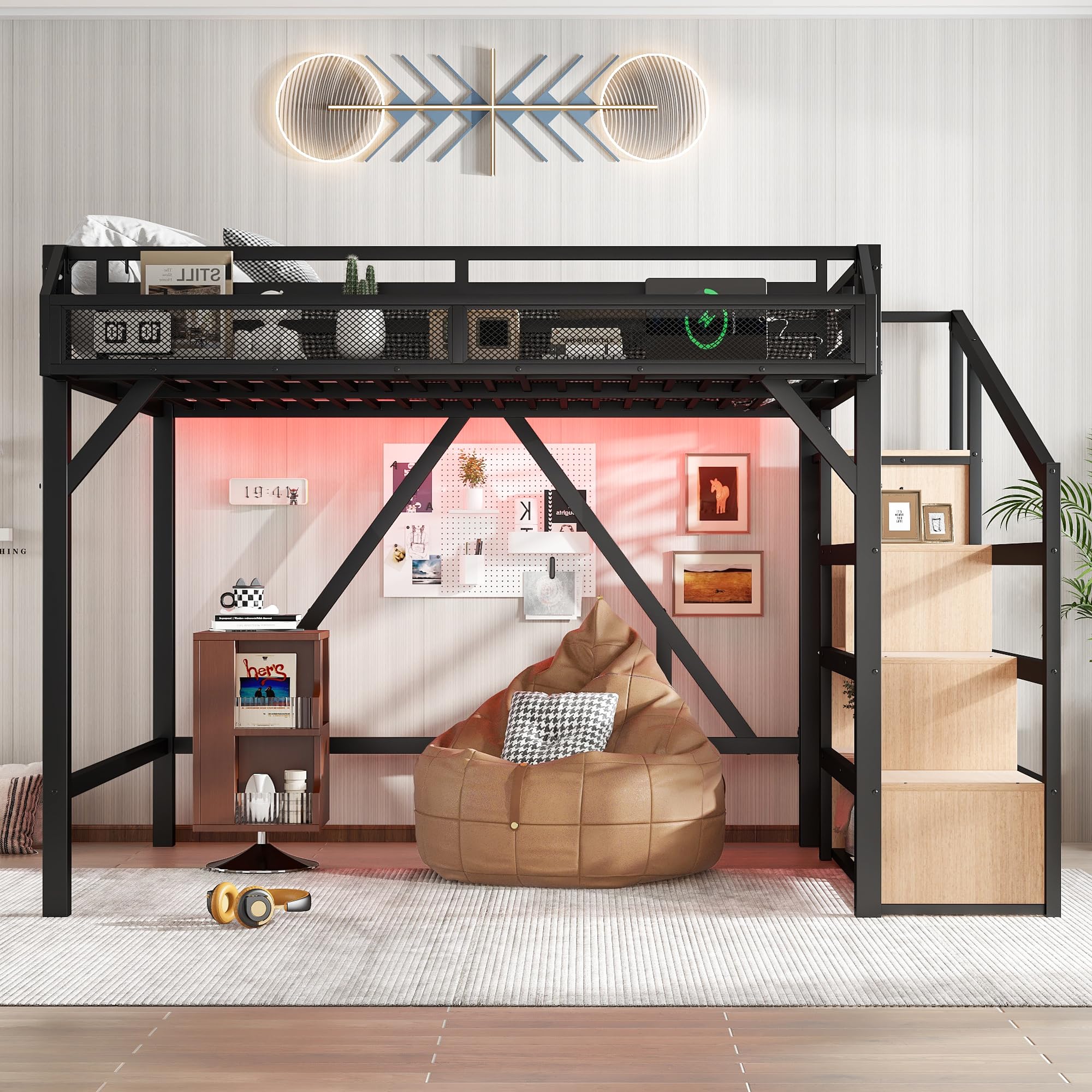 Photo 1 of ***MISSING PIECES*** Bellemave Queen Loft Bed with Storage Stairs, Shelves & Wardrobe, Metal Queen Size Loft Bed Frame with USB Ports and LED Lights, Heavy Duty Loft Bed for Adults, No Box Spring Needed, Black & Natural **ONLY ONE BOX**