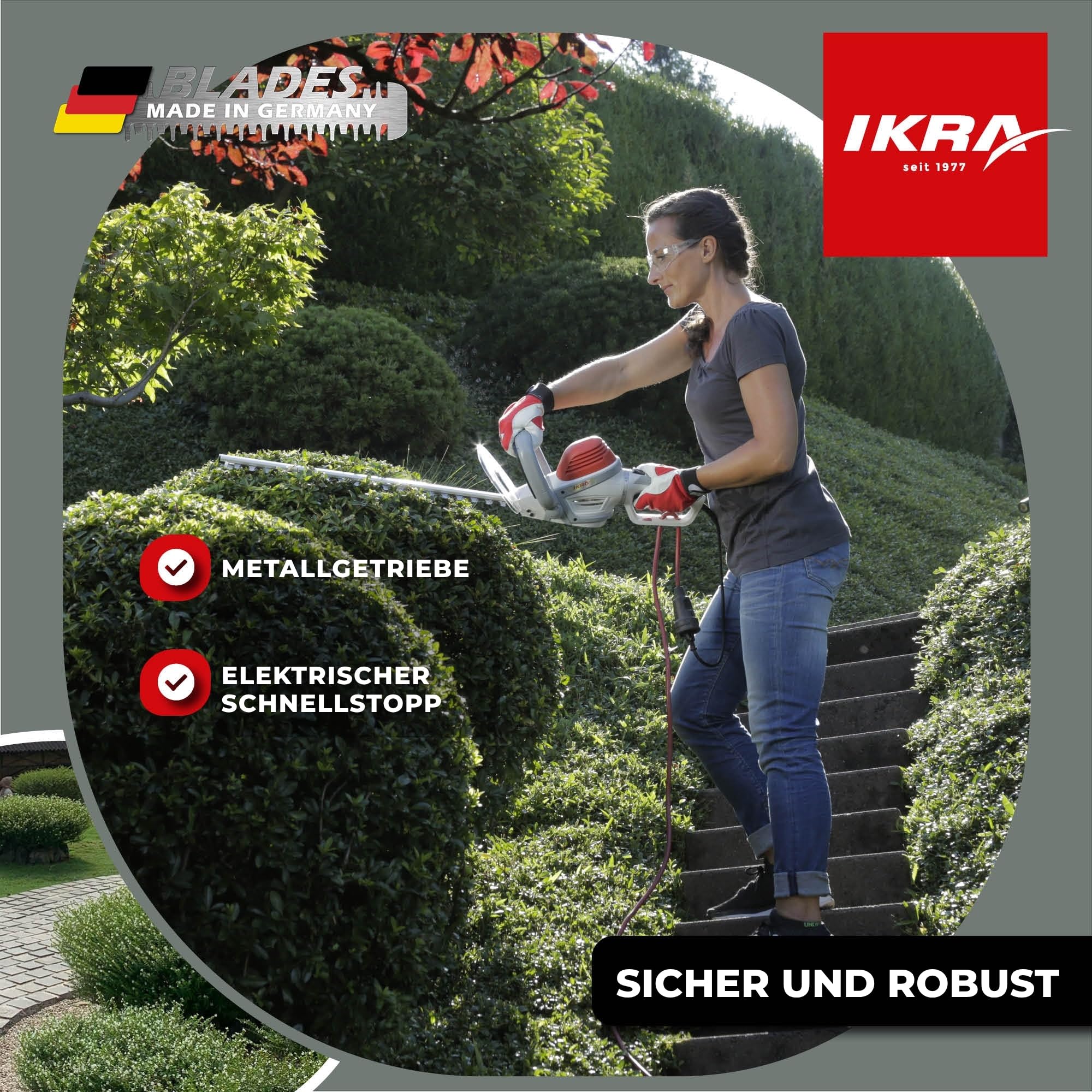 IKRA Elektro Heckenschere IHS 650, Schnittlänge 55cm, inkl. Pflegespray | Leistung 650 Watt, Schnittstärke 22mm, hohe Schnittleistung & geringe Vibration, 180° Drehgriff, Messer Made in Germany
