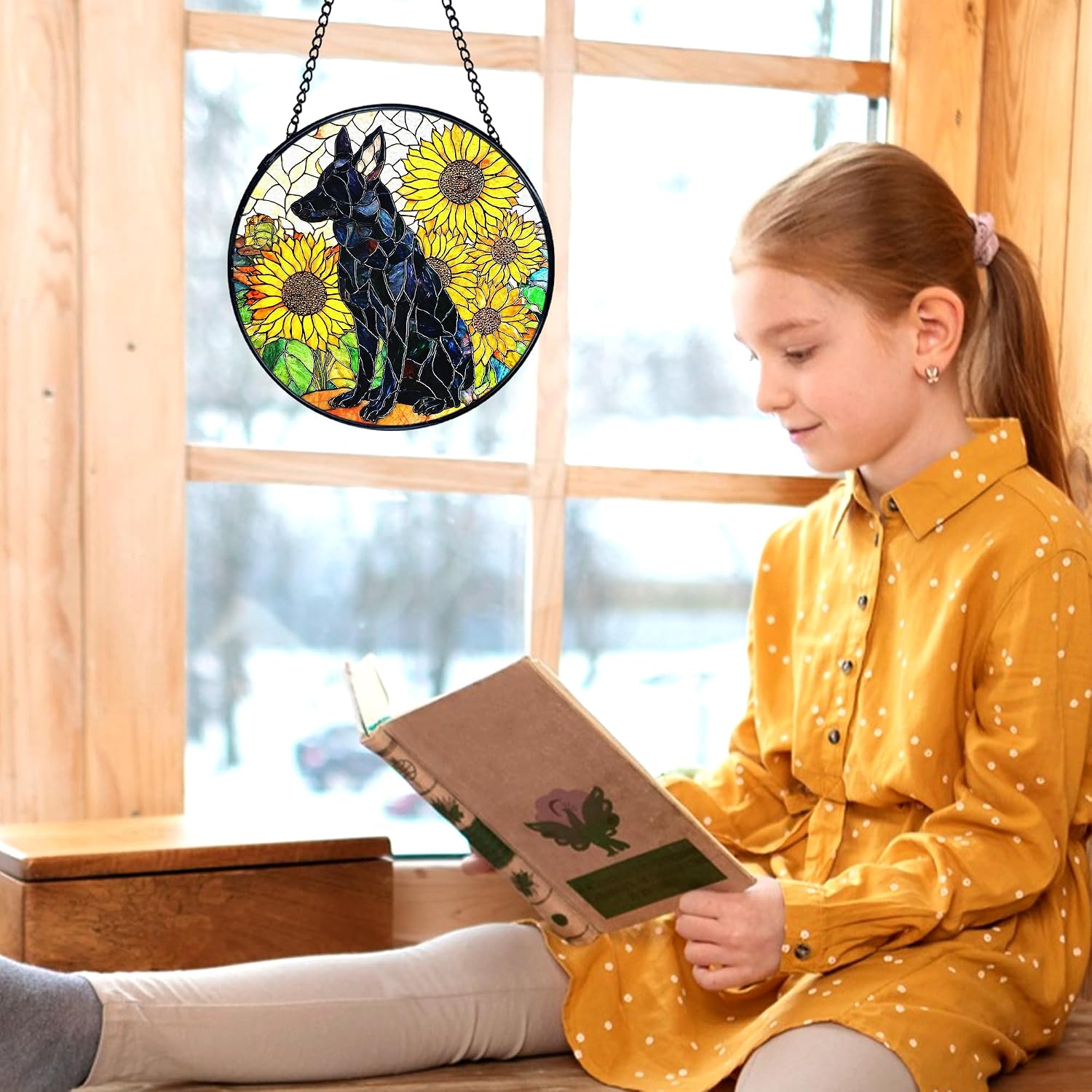 kdqua German Shepherd Sunflower Suncatcher Stained Glass Window Hanging, German Shepherd Gifts Sun Catchers Indoor Window Glass Round Wall Decor, Dog Wall Art Hanging Decorations Statues, 7.9x7.9in