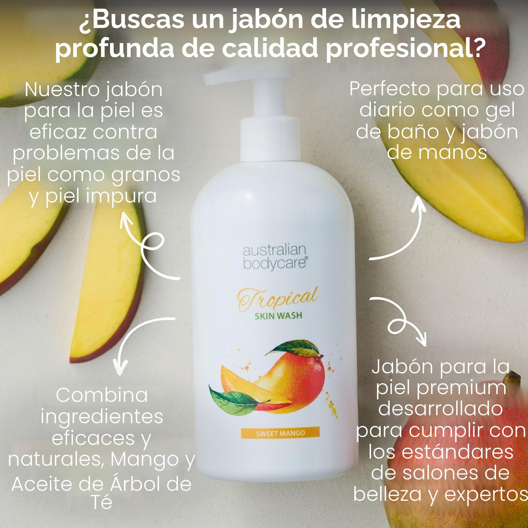 Jabón de Piel Profesional 1000 ml | Aceite de árbol de té + Gel de mango dulce tropical | Gel de Baño para el cuerpo | Tiene un efecto suavizante | Para pieles impuras, espinillas o antes del afeitado