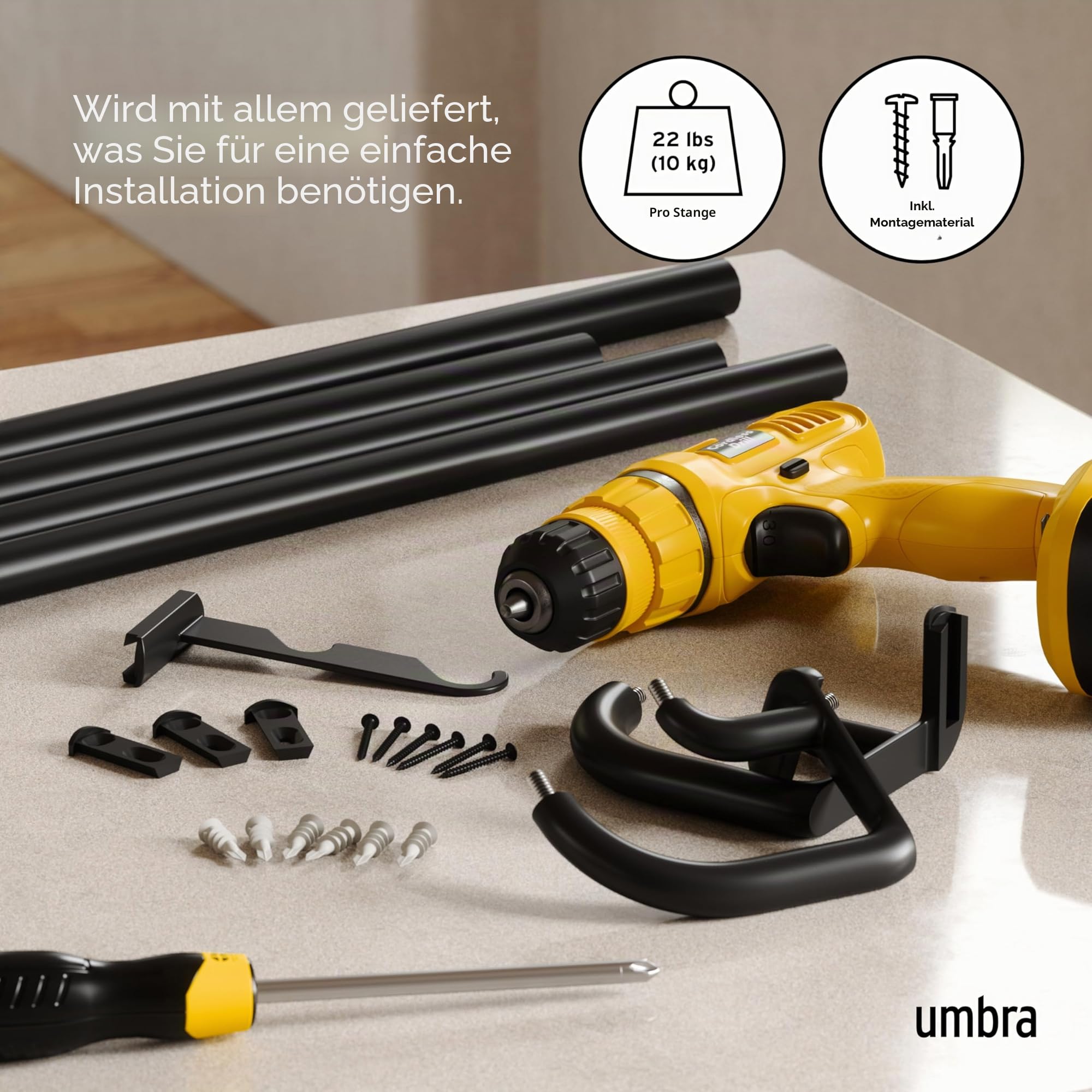 Umbra Twilight Doppel Gardinenstange, Ausziehbar, 76-213cm, D19mm, Schwarz | Stahl, Wickeldesign für lückenlose Abdunkelung, einfache Installation mit Zubehör, bis 10 kg Tragkraft