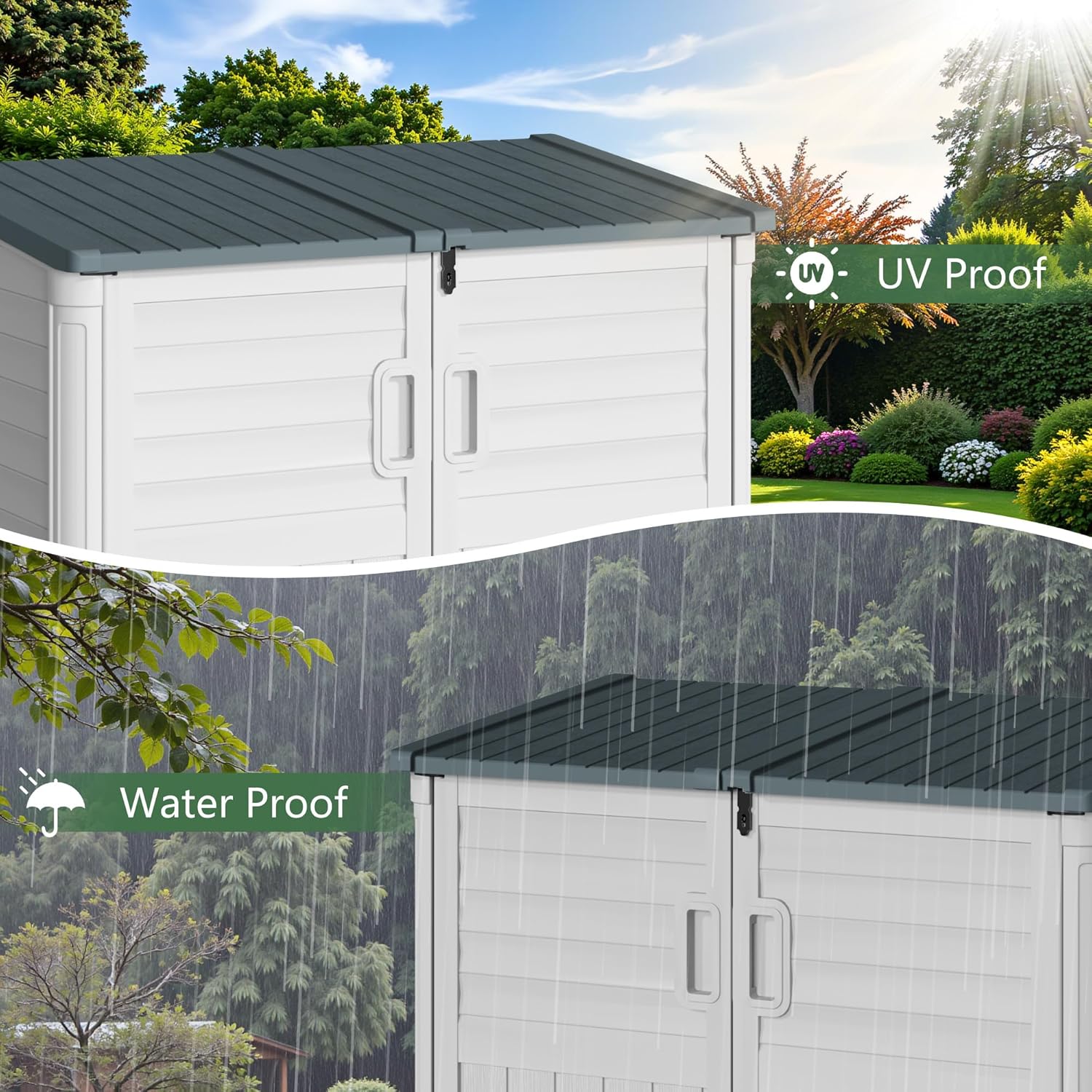 Greesum Outdoor Storage Shed 34 Cu Ft with Lockable Doors, Waterproof Outdoor Storage Cabinet for Trash Cans, Patio Cushions, Gardening Tools with Wood Grain Finish (Beige)