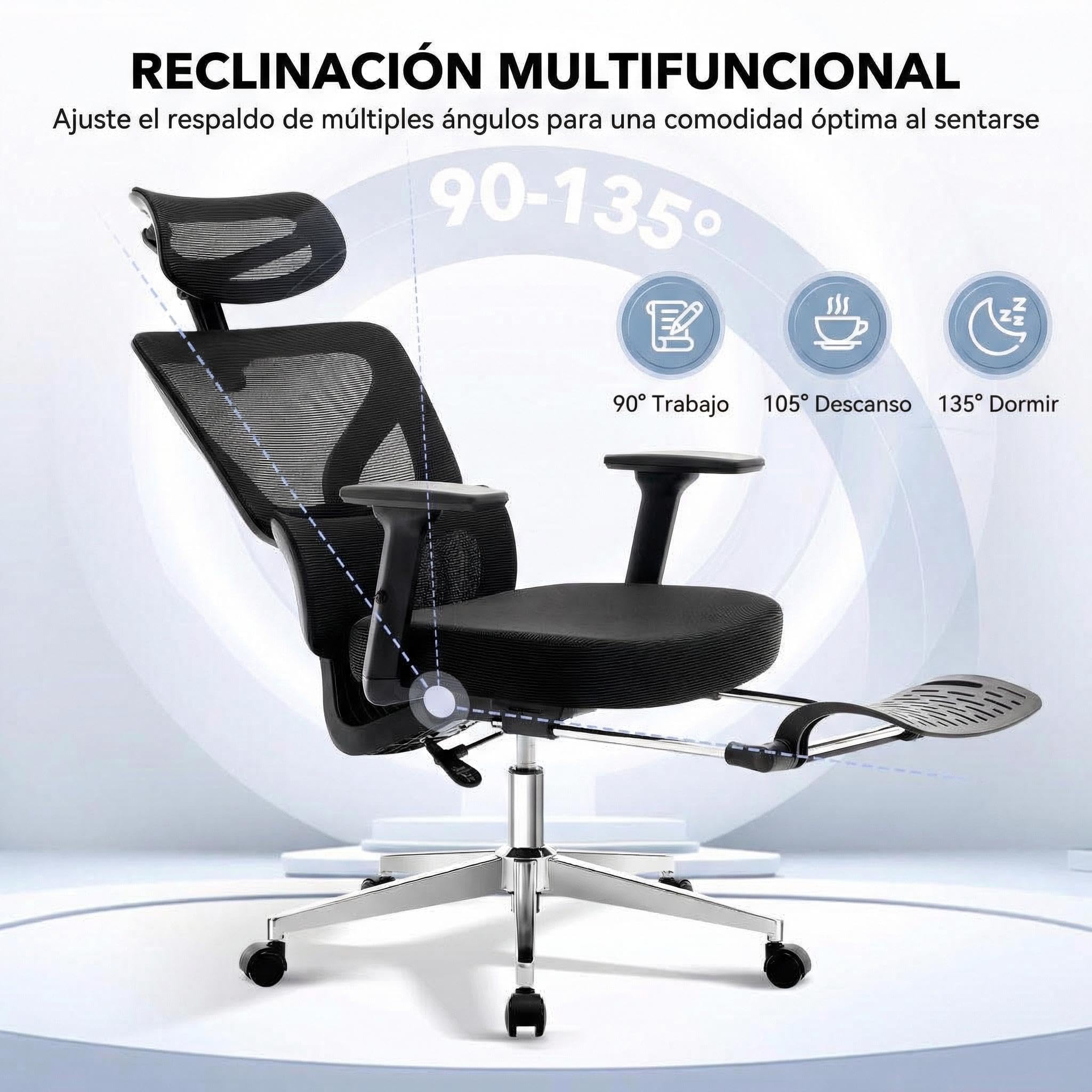 Garvee Silla Escritorio Ergonómica con Base Metálica Sin Color | Con Soporte Lumbar Ajustables,Reposacabezas y Apoyabrazos,Malla Giratoria,Reclinable y Móvil,Carga máx. 136 kg,Con reposapié