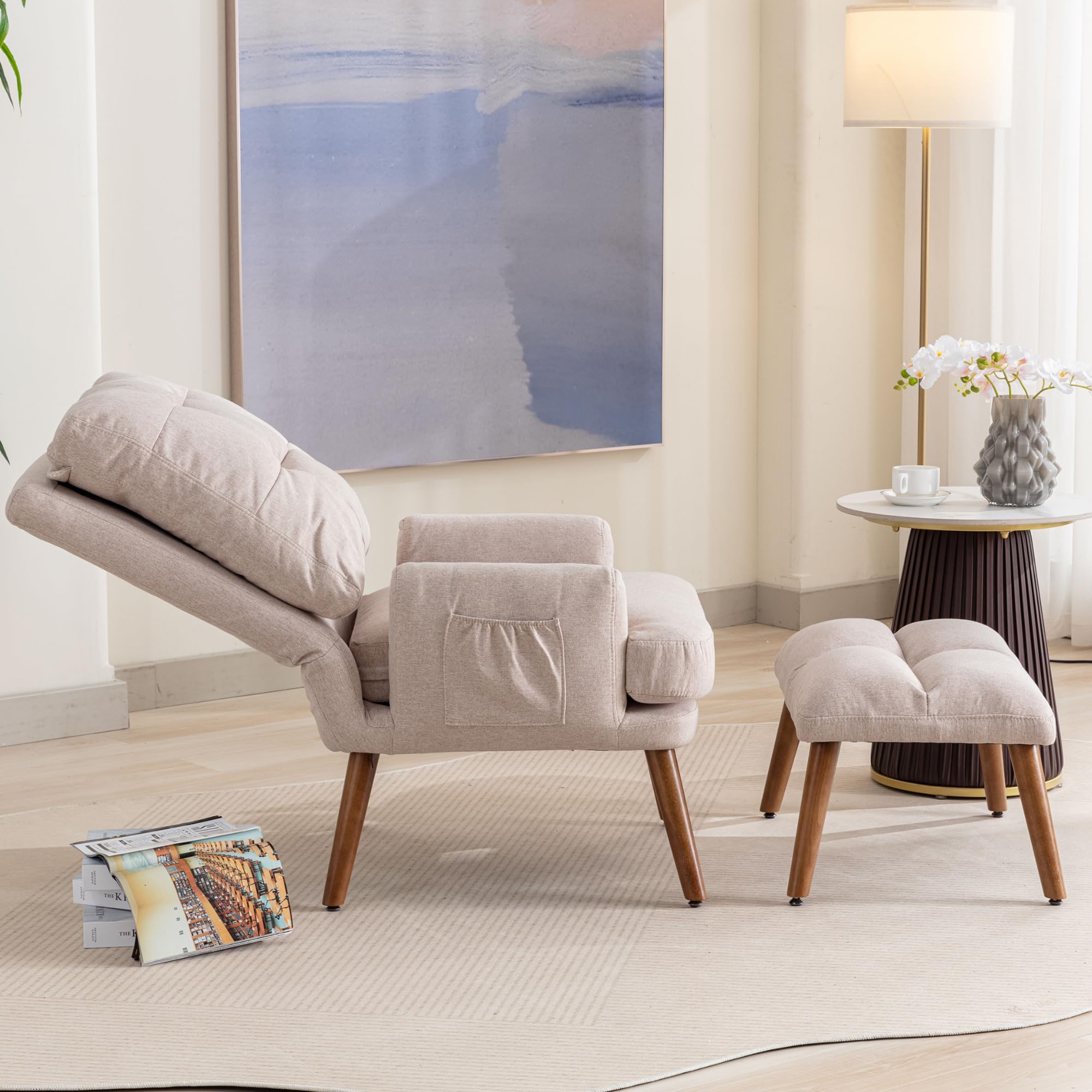 Merax Poltrona relax con funzione reclinabile a 10 livelli, comoda poltrona con sgabello, poltrona con tasche laterali, beige