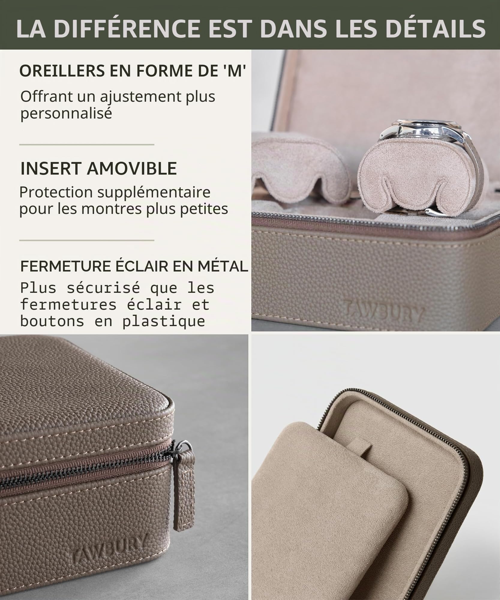 TAWBURY Boîte de rangement portable à 3 emplacements pour montres pour la maison et les voyages avec coussins extra larges pour grandes montres et compartiment pour rangement d'accessoires (taupe)