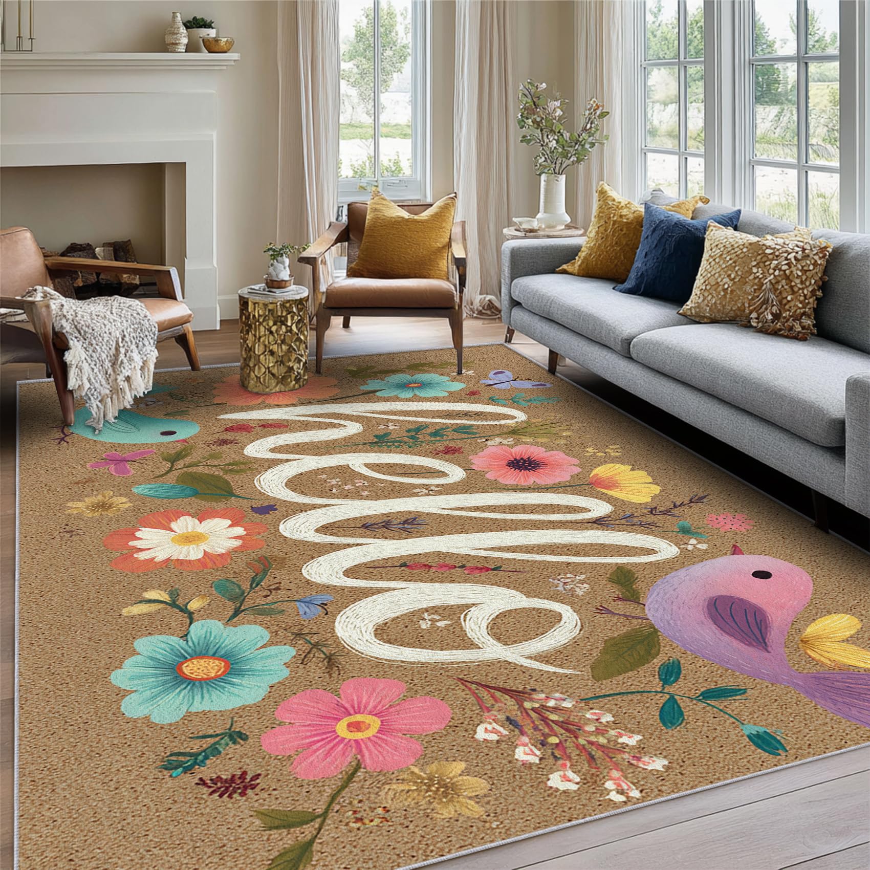 Tapis salon campagne grand format 200x250 lavable et antidérapant