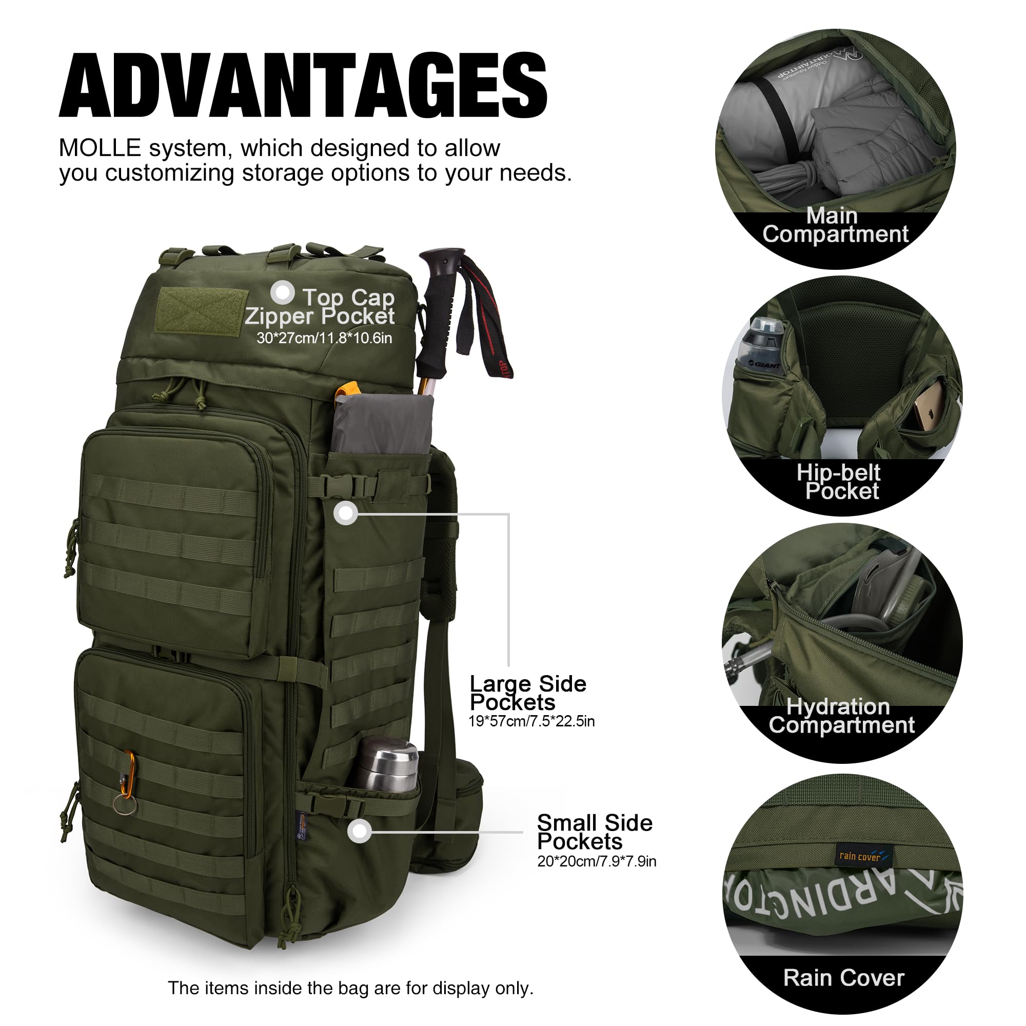 Mardingtop 75L Zaino Tattico Militare da Trekking e Montagna con Copertura Antipioggia, Sistema MOLLE, Grande Capacità per Escursionismo ed Esterno (75l-Verde Militare)
