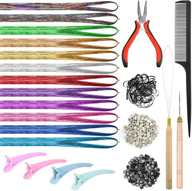 12 Colors Hair Tinsel Strands Kit, 94CM Tinsel Hair Extensions, Hair Extensions Kit with Tools Clips Comb and Silicone Link Rings Beads, Hair Salon Kit for Women Girls Party Cosplay Festivals
