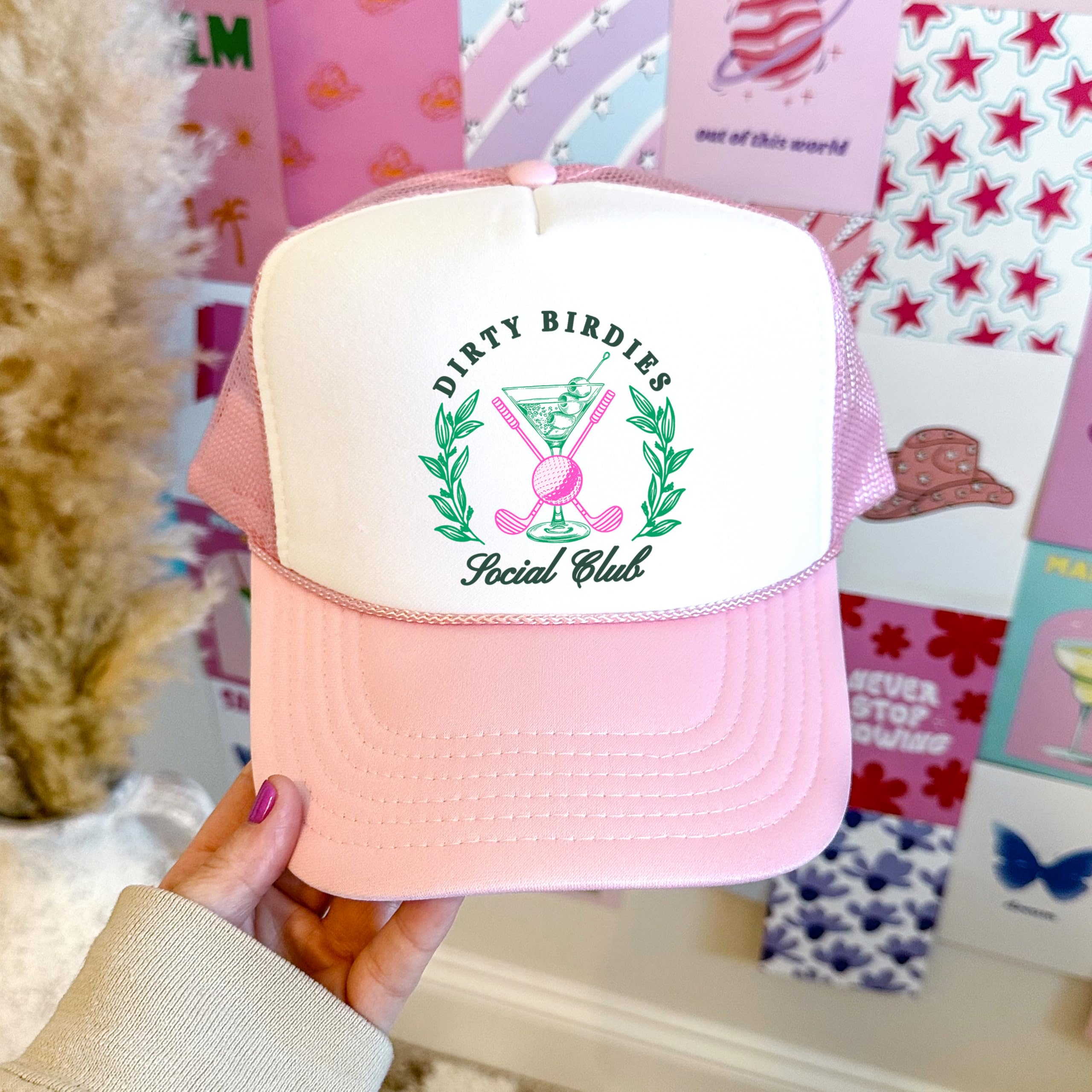Dirty Birdies Social Club Funny Golf Women's Classic 5 Panel Mesh Snap Back Trucker Hat White/Pink Trucker Hat