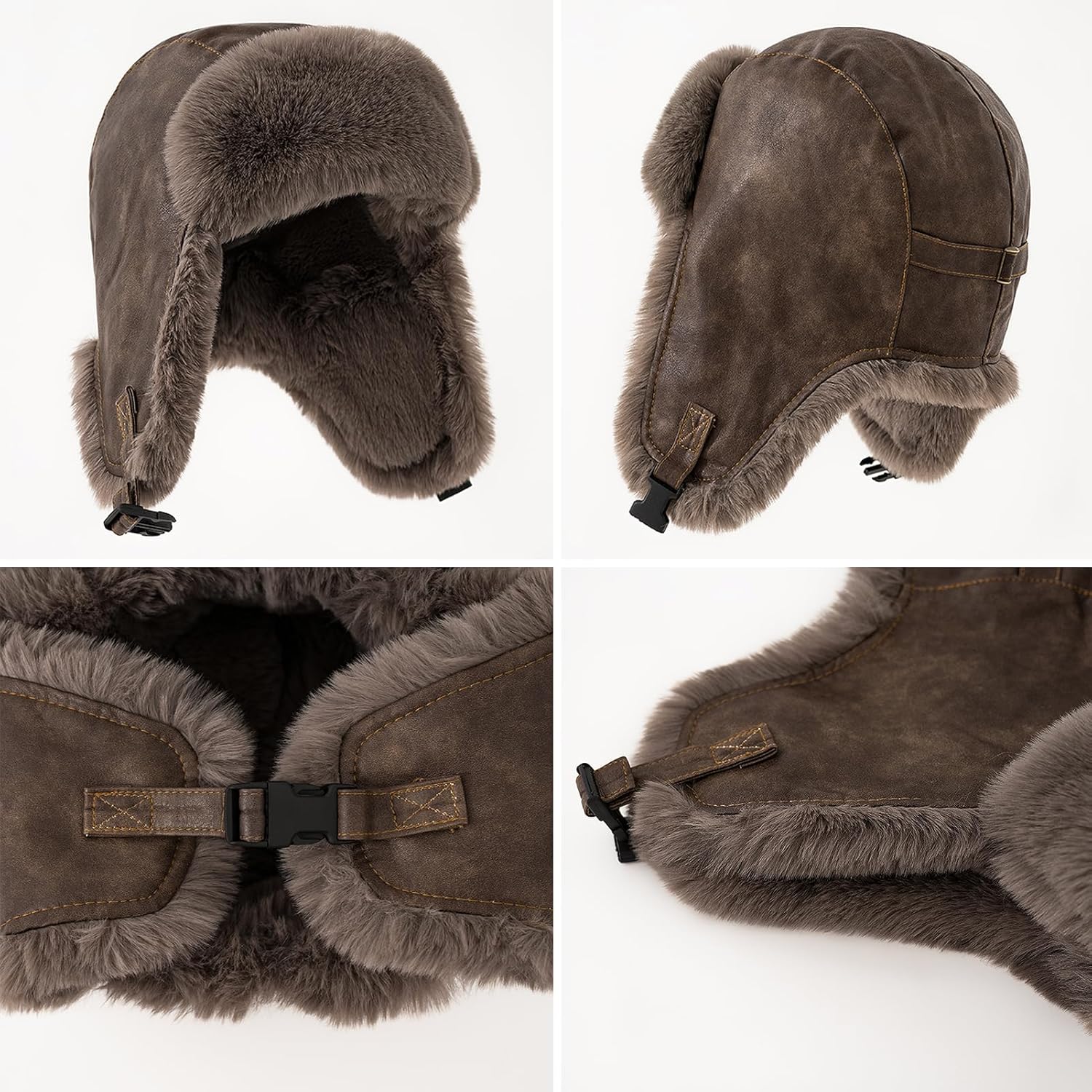 Winter Waterproof Trapper Hat,Women Men Faux Fur Bomber Hat, PU Leather Thermal Aviator Cap, Skating Skiing Hunting Hat - Image 3