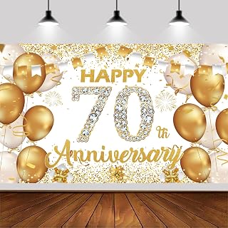 6x3.6ft Happy 70th Anniversary Backdrop,White and Gold Happy Wedding Anniversary Party Banner Decorations Supplies Photo Booth Props