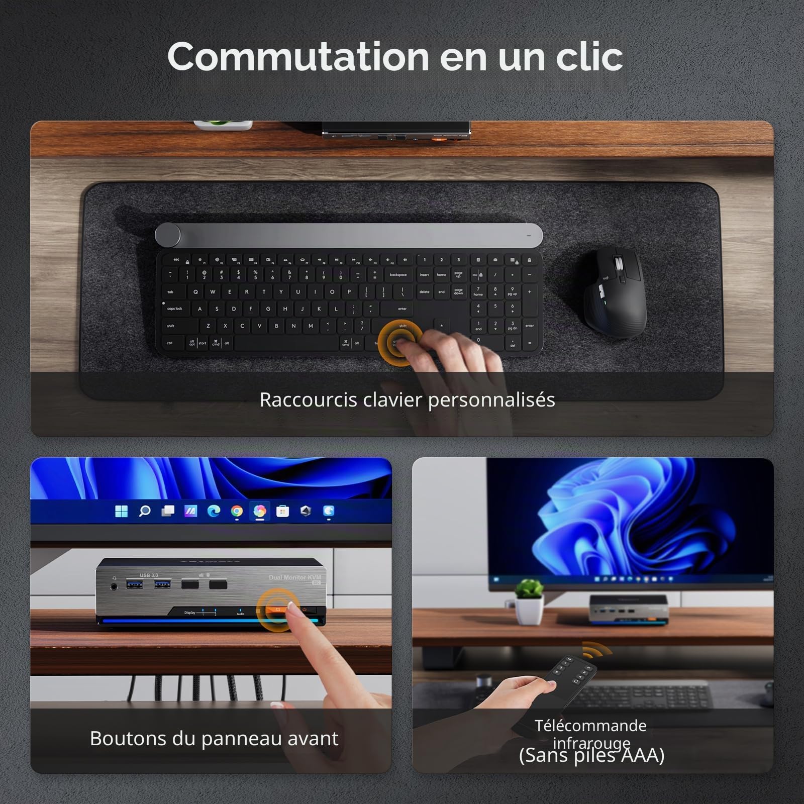 TESmart 8K@60Hz Displayport KVM Switch 2 PC 2 Moniteurs, USB 3.0 DP 1.4 Commutateurs KVM Double écran 4K@144Hz pour Gaming Dock, émulation EDID, Réseau Gigabit, Commutation Hotkey, Micro Audio