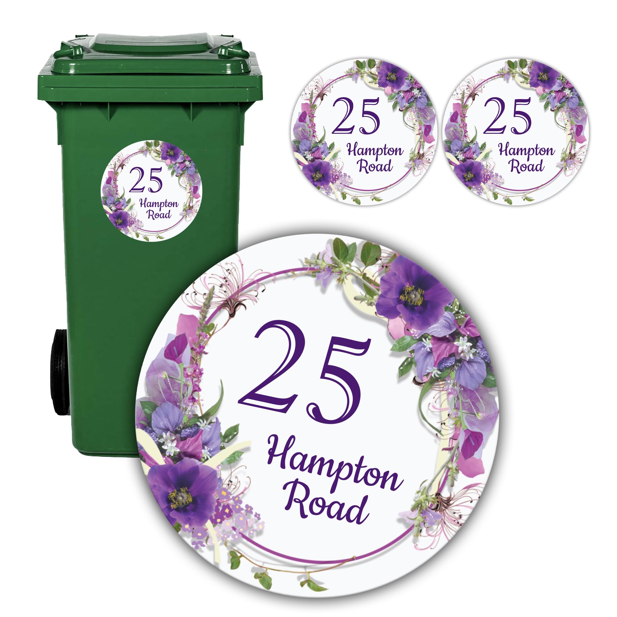 Personalised Bin Number for Wheelie Bin Stickers, Custom House Number & Street Name, Waterproof Circle Vinyl Decal, Lavender Blosoom Design (Set of 2 A5)