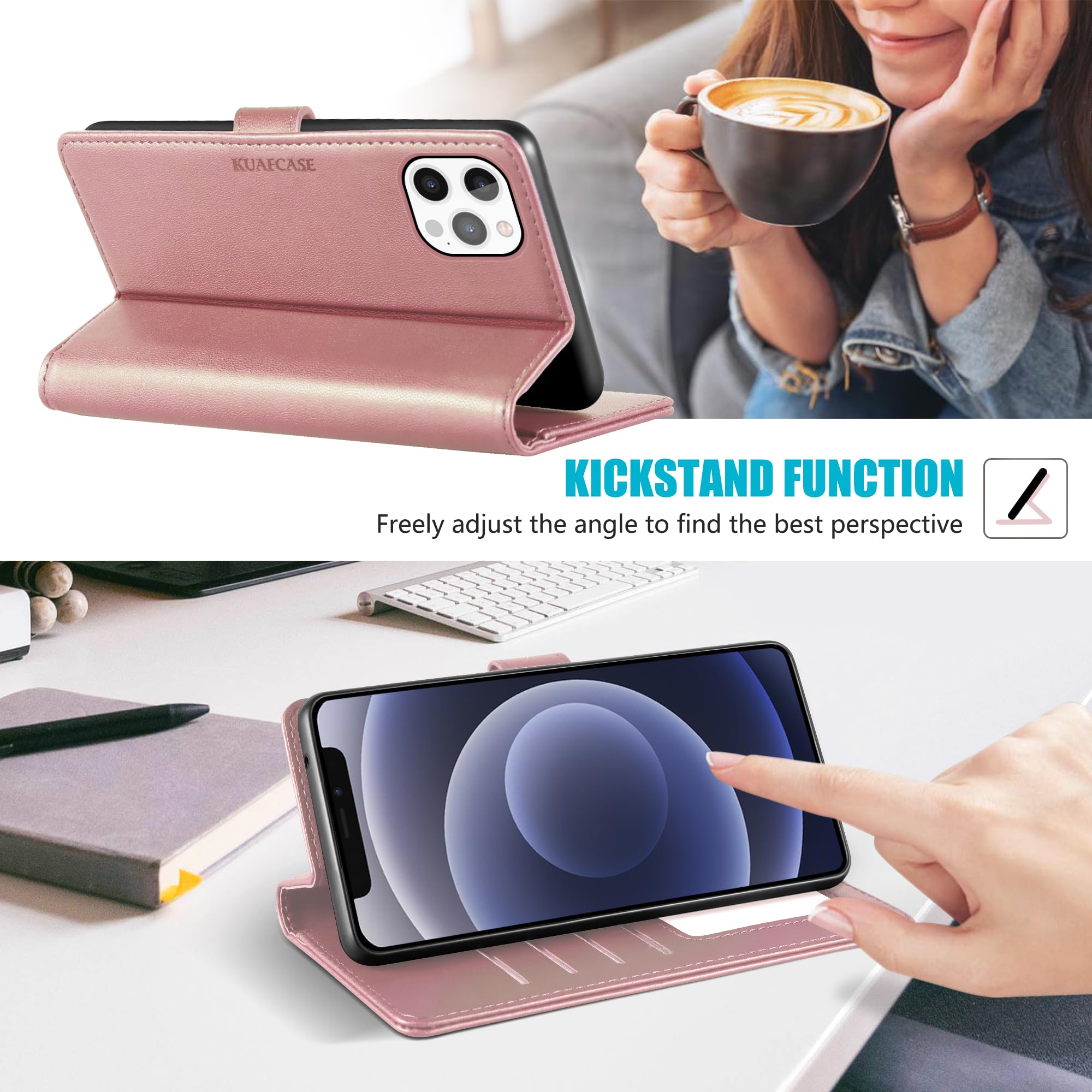 Kuafcase Compatible for iPhone 12 Pro Max Case with 4 Card Slots Magnetic Closure Kickstand Shockproof Protective Phone Case Compatible for iPhone 12 Pro Max - Image 4
