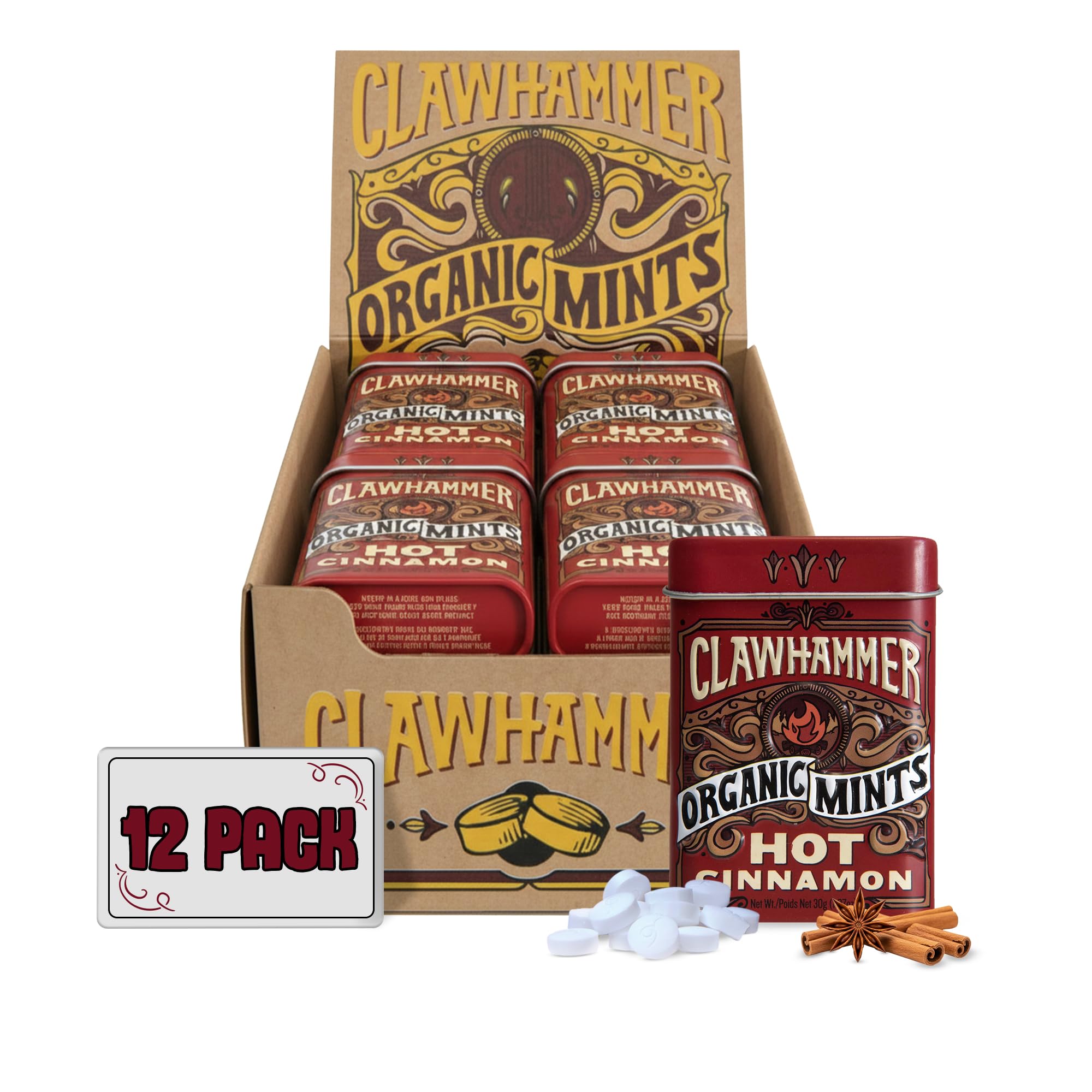 Clawhammer Organic Mints Hot Cinnamon - 30 Count Tin (Pack of 12) | Bold Organic Candy Mints with Spicy Cinnamon Flavor, No Artificial Colors or Sweeteners | Kosher, Vegan, Gluten Free