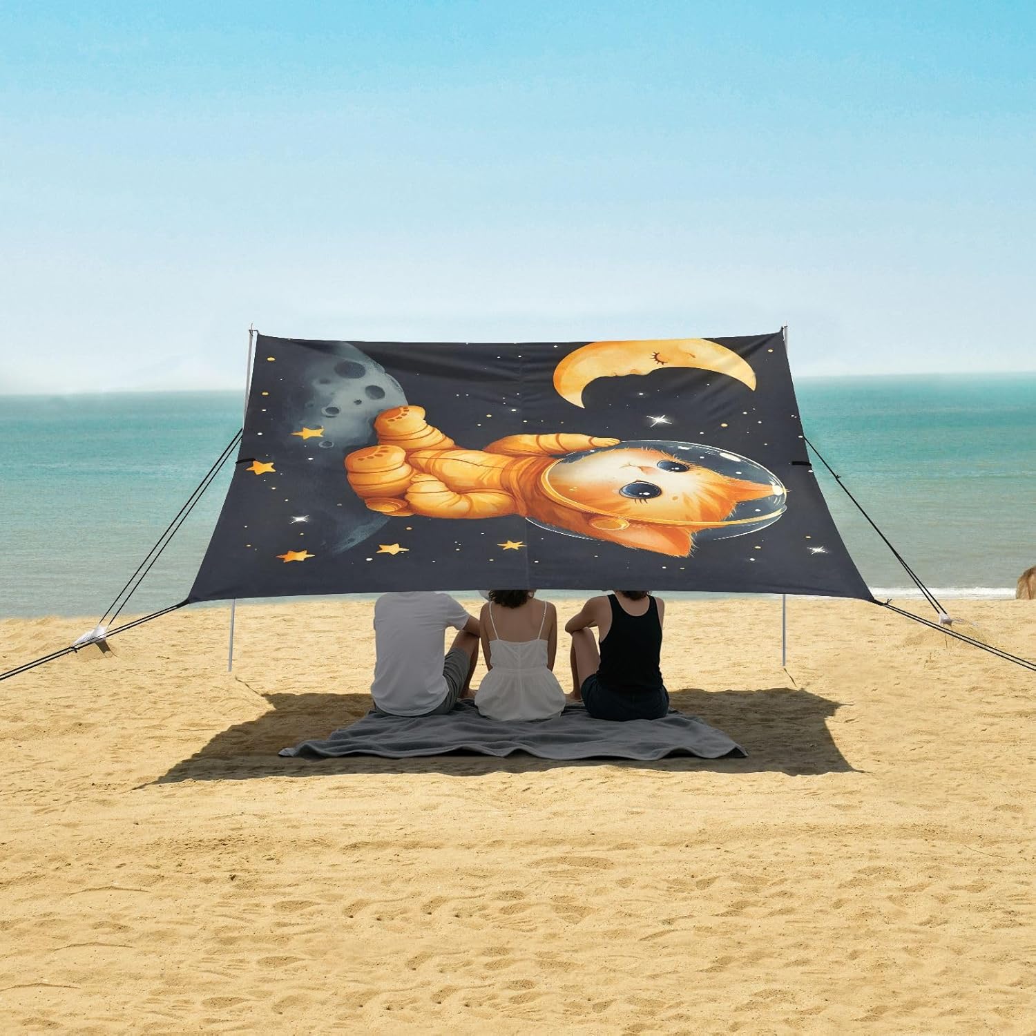 ALAZA Cat Kitten Astronaut Galaxy Beach Tent Sun Shelter UPF50+ Protection Beach Shade Canopy w/ 4 Sandbags for Outdoor Camping, Fishing, Backyard Fun, Picnic, 10x9 ft