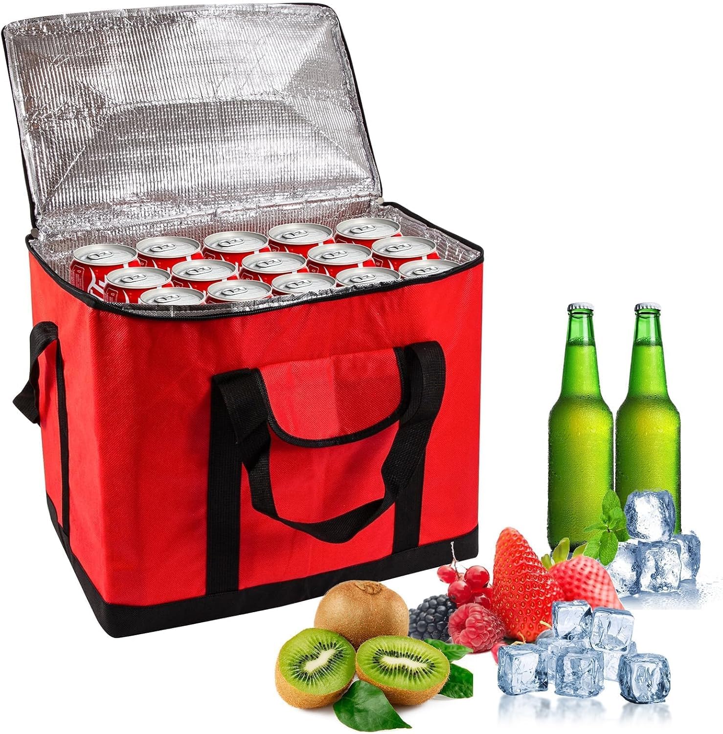 SFBSFL Large Cooler Bag, Insulated Thermal Cool Box - 30 Can Capacity Leakproof Cooler Bag for Picnic,Camping, Beach, Grocery Shopping,Food Delivery - Reusable, Foldable,Keeps Cold & Warm Red