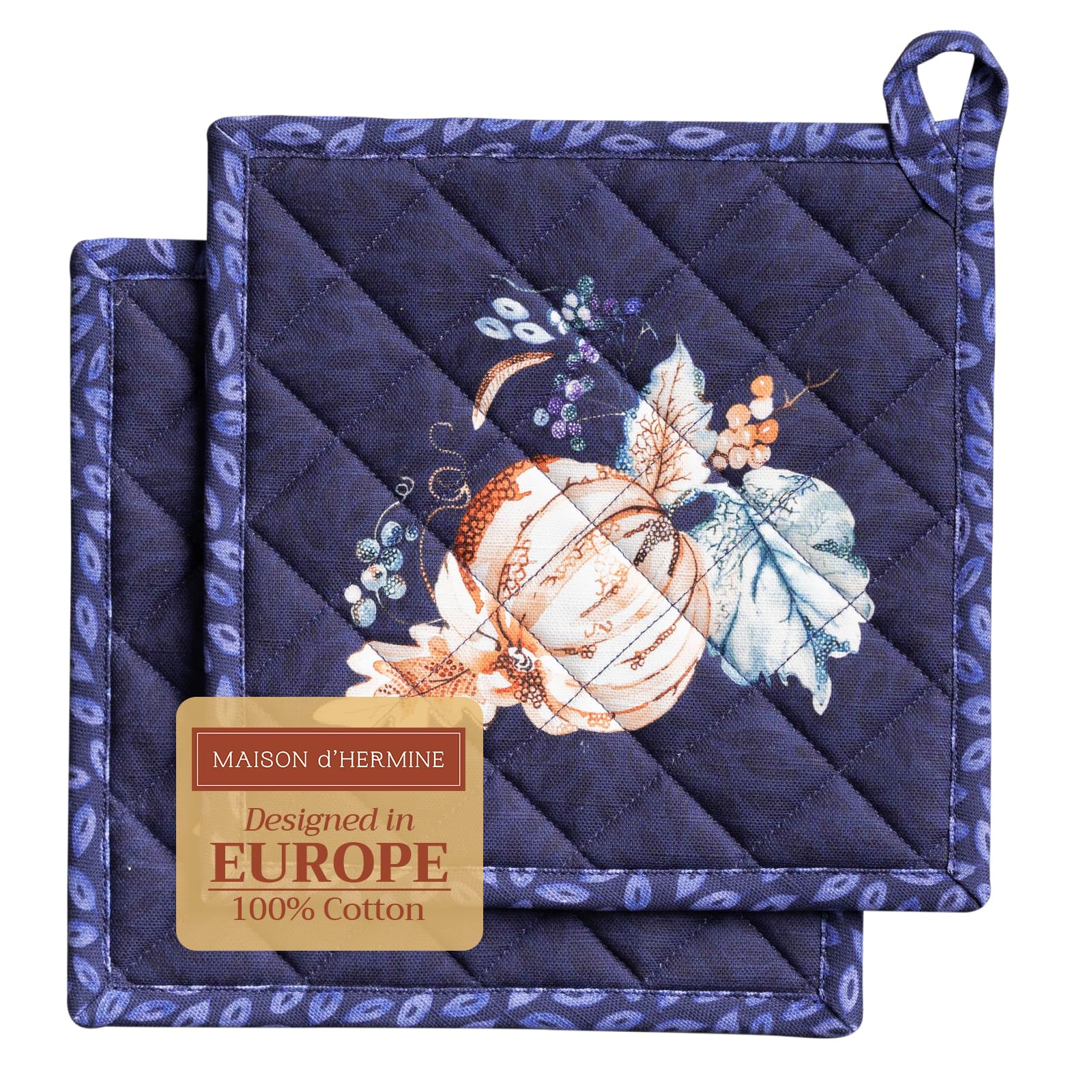 Maison d' Hermine Pot Holders Set 100% Cotton Heat Resistant Potholders 20 cm x 20 cm Hot Pads with Loop for Christmas Decorations BBQ Cooking Baking Handling Hot Pans (Pack of 2, Pumpkin Blues)