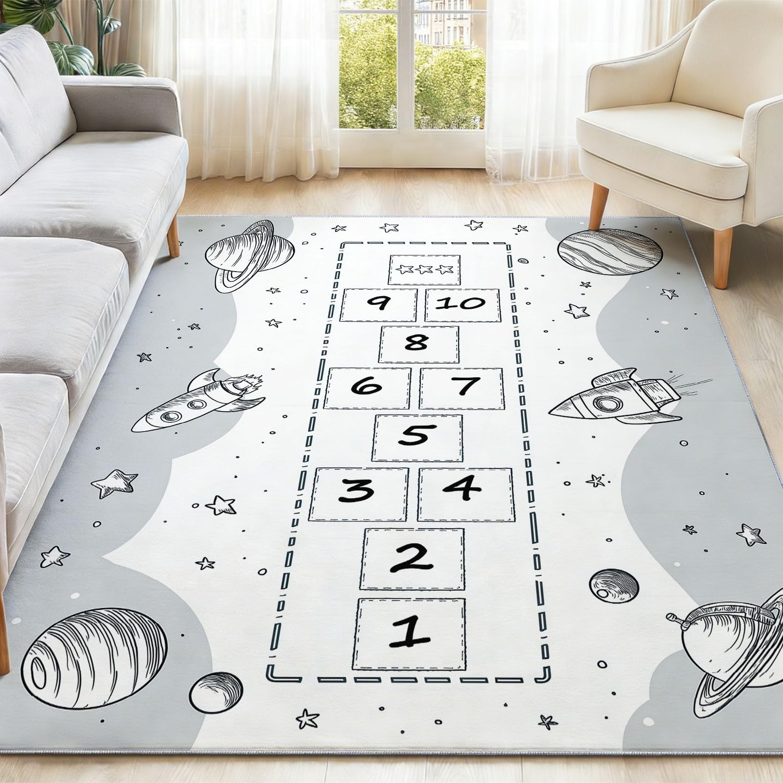 Tapis Salon 120 x 170 cm, Lavable Antidérapant Tapis, Thème De l'espace Marelle pour Enfants Carrés Imprimé Carpette pour la Chambre la Salle à Manger et Bureau - Gris Low Poils