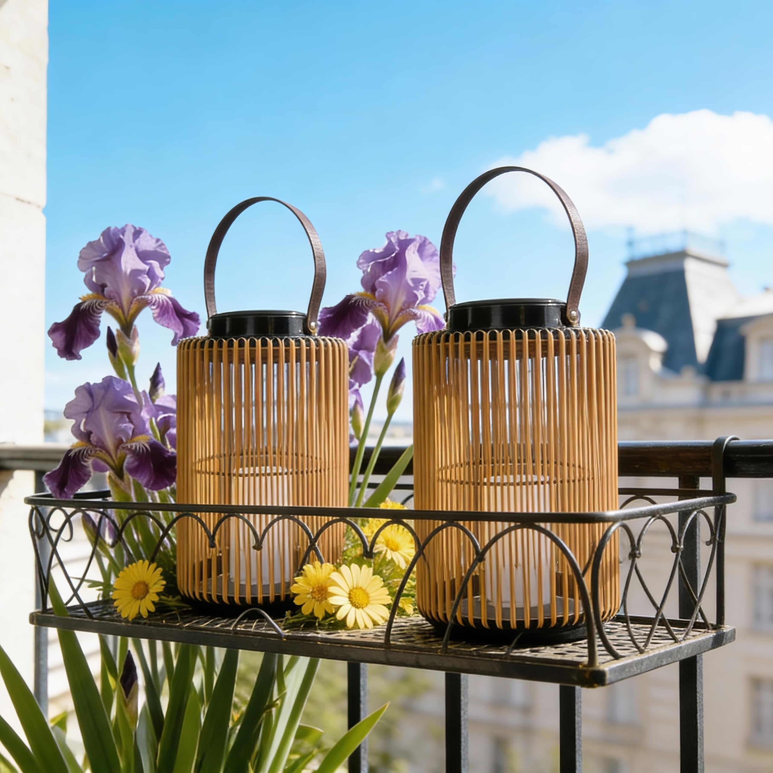 Set di 2 lanterne solari per esterni, stile boho, effetto rattan, per giardino, balcone e terrazza, accensione e spegnimento automatici, impermeabili