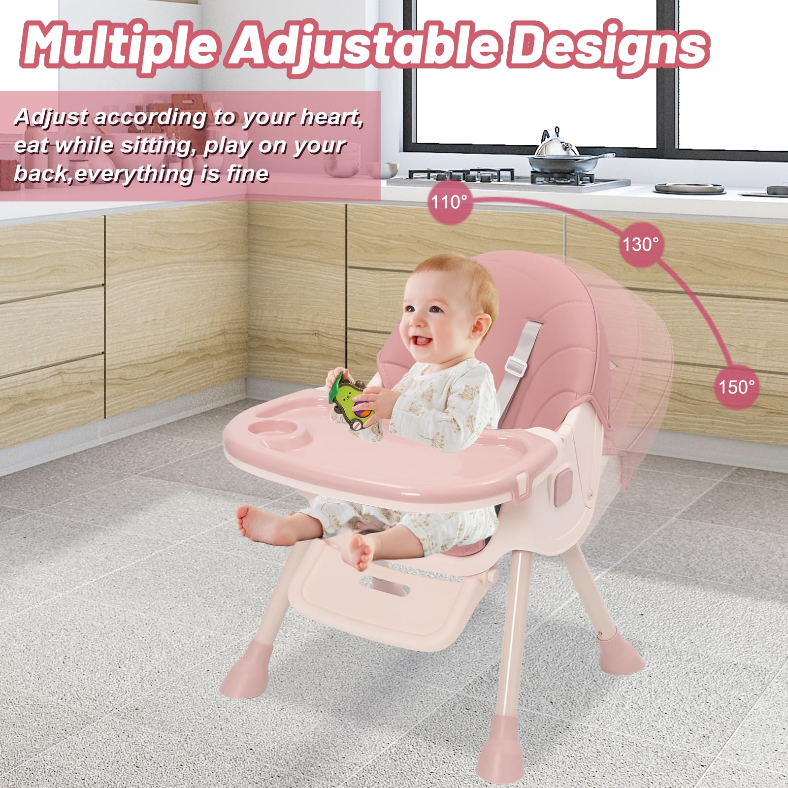 Trona Bebé Evolutiva 3 en 1, Plegable, Reclinable, Doble Bandeja Desmontable, con Ruedas Universales, 3 Respaldos Ajustables y Cinturón de Seguridad de 5 Puntos, Para Bebés a partir de 6 Meses, Rosa