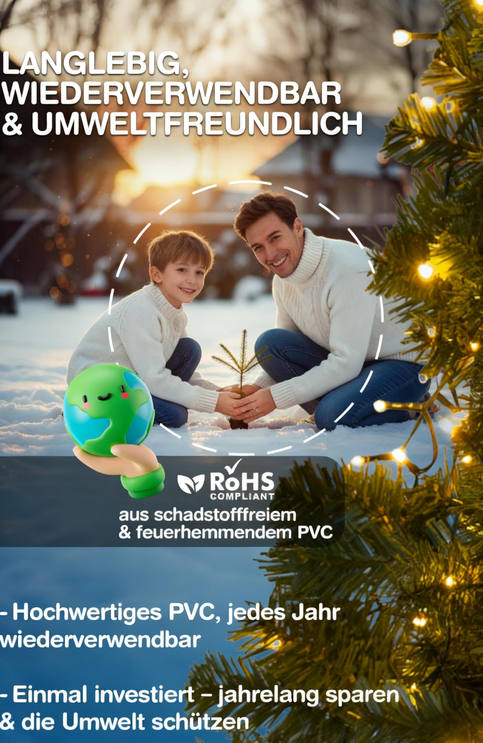 Künstlicher Weihnachtsbaum 150 cm 2-in-1 Set, Dichte PVC-Zweige, Tannenbaum Künstlich mit Lichterkette, Stabiler Christ
